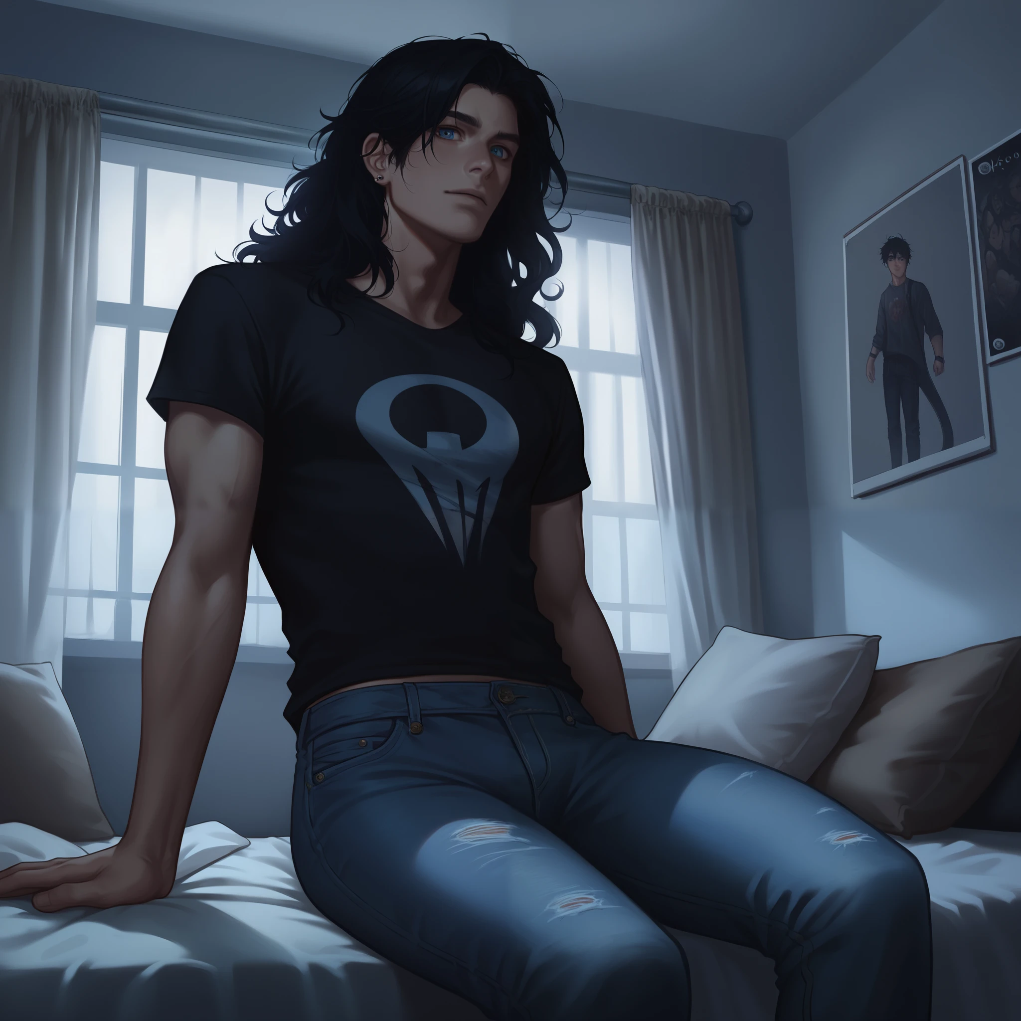 1male solo, 22 year old, wavy hair, long hair, black hair, middle parted bangs, messy hair, blue eyes, slender body, lean body, handsome, boyish features, piercings, metalhead styled clothes, jeans, black t-shirt. Sitting on bed, cold looking room. From below, 35 mm, loop lighting. Atmospheric Perspective, Dutch Angle, flash photo. Detailed background, room of a metalhead walls filled with posters and a guitar, room with dark colors. (Smooth style, no lineart)