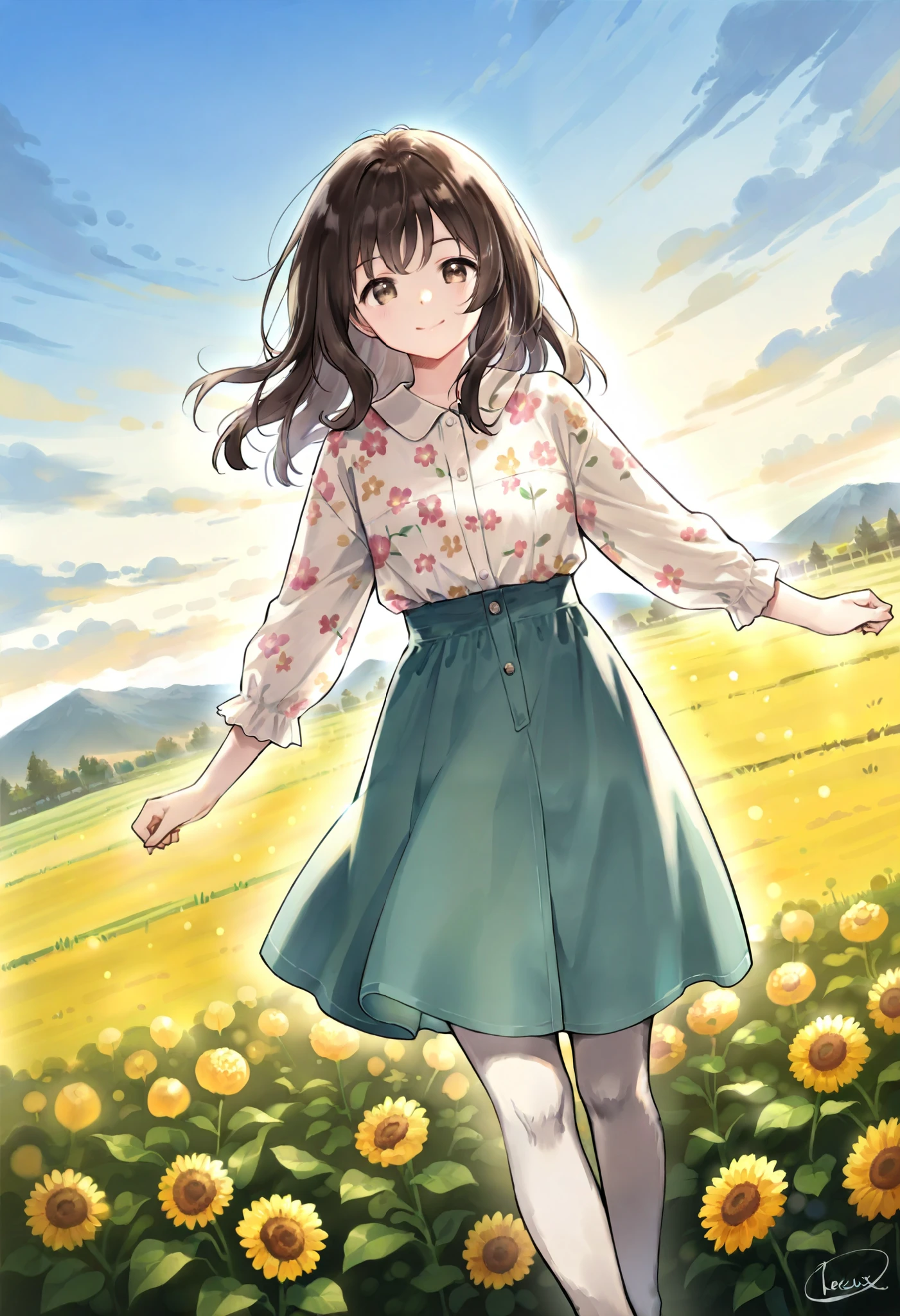 rating_safe, score_9, score_8_up, score_7_up, score_6_up, score_5_up, score_4_up, hires, source_furry(one scene of movie)nature, farm, Blue sky, clouds, florals Beautiful garden(furry anthro, solo, girl, casual fashion, Relux pose, Smile)cinematic lighting, dynamic angle,