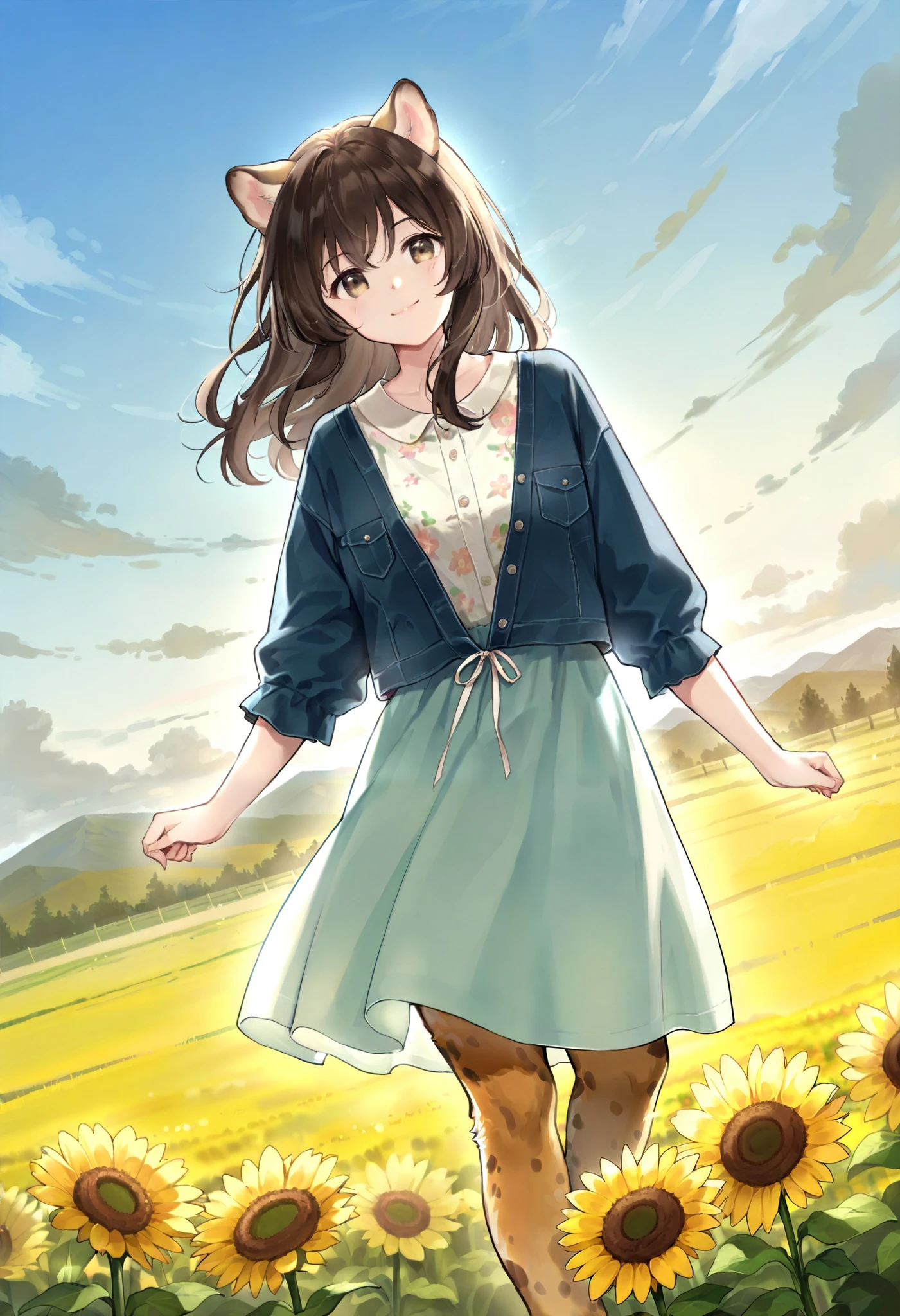 rating_safe, score_9, score_8_up, score_7_up, score_6_up, score_5_up, score_4_up, hires, source_furry(one scene of movie)nature, farm, Blue sky, clouds, florals Beautiful garden(furry anthro, solo, girl, casual fashion, Relux pose, Smile)cinematic lighting, dynamic angle,