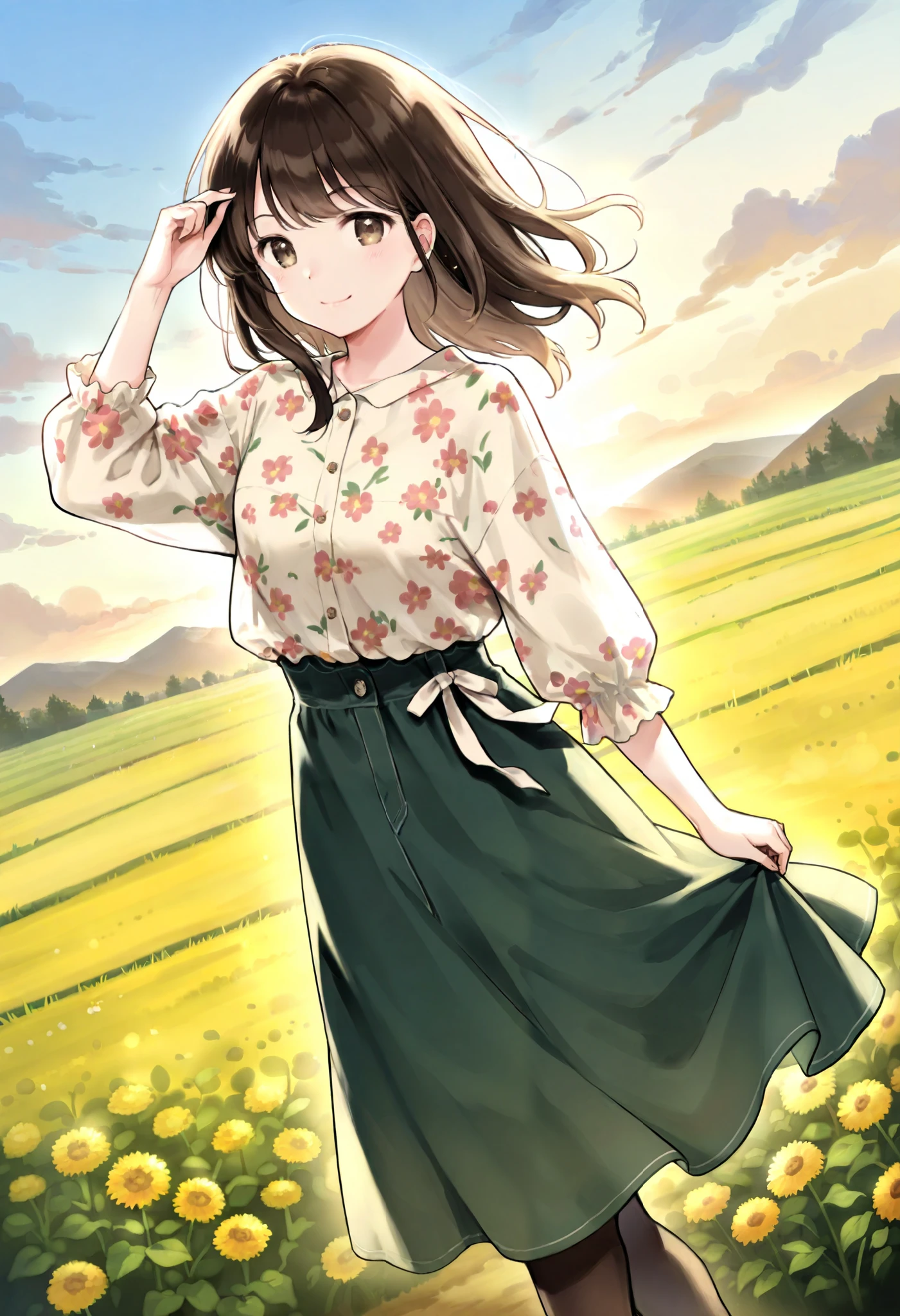 rating_safe, score_9, score_8_up, score_7_up, score_6_up, score_5_up, score_4_up, hires, source_furry(one scene of movie)nature, farm, Blue sky, clouds, florals Beautiful garden(furry anthro, solo, girl, casual fashion, Relux pose, Smile)cinematic lighting, dynamic angle,