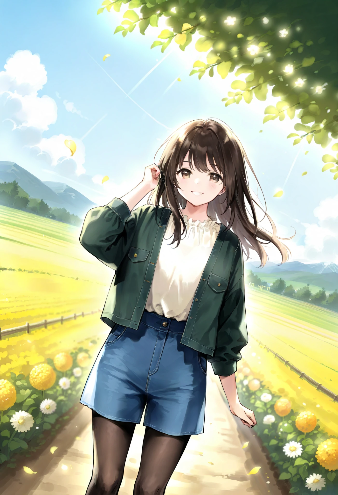 rating_safe, score_9, score_8_up, score_7_up, score_6_up, score_5_up, score_4_up, hires, source_furry(one scene of movie)nature, farm, Blue sky, clouds, florals Beautiful garden(furry anthro, solo, girl, casual fashion, Relux pose, Smile)cinematic lighting, dynamic angle,