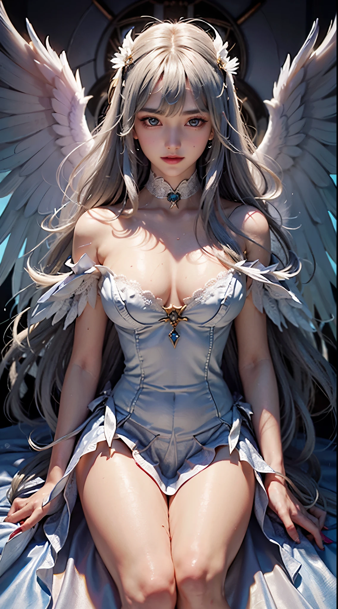 (((android girl))),no human,beauty face,detailed face,silver very long hair, bangs,best smile, wings, headphone, ((mechanical wings 1.8)), ((metallic wings 1.8)), shining gold eyes, ((white highlegs leotard)), ((white halterneck backless leotard)), ((see through 1.6)), silver and gold embroidery, silver embroidery on the hem, floral embroidery, lace over the shoulders, lots of ruffles, lace ruffles, lace-up heels, ((mechanical arms)), ((mechanical legs)), ((mechanical body)), light shining through, Backlit, soft light,se-xy,((very small bast)), slender, beautiful thi-ghs,bare shoulders,navel,((sacred atmosphere)),holy light, ((in the blue sky)), masterpiece,ultra-detailed,High resolution,best quality,High quality,soft light,reflected light,(pale tone 1.6),((realistic)),(dynamic angle),mysterious atmosphere,blurred tones,((cowboy shot)),