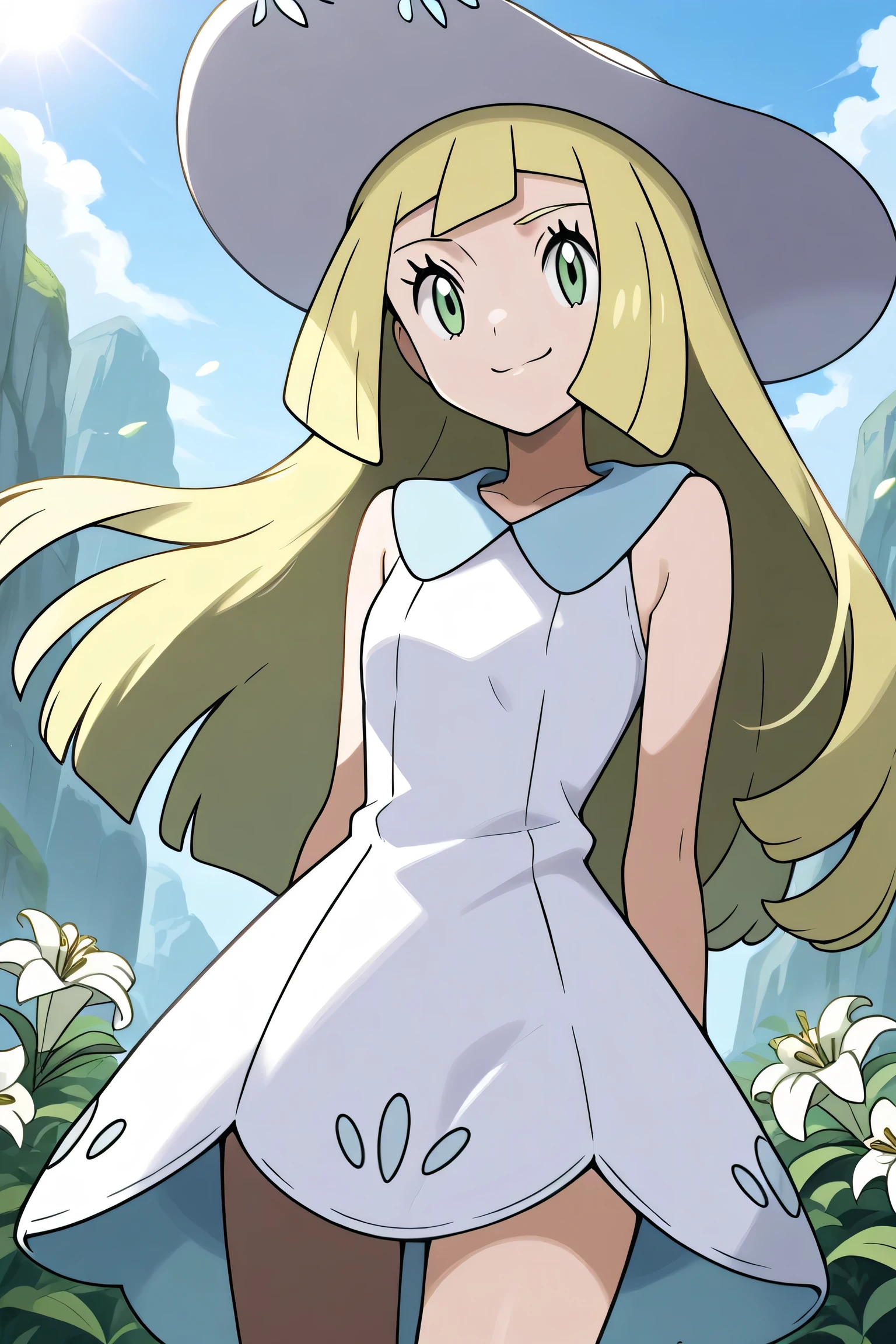 score_9, score_8_ up the side, score_7_ up the side, source_Anime, Lily \( Pokemon \), blond hair left and right, blunt bangs, GREEN EYES, long hair,, braided, collared dress, dress, gradation shirt that Furakana has , sleeveless, sleeveless dress, sun gradation shirt that Furakana has , sun dress, twin braideds, white dress, White headdress, smile, smug , viewers, Alone,, smile, viewers, Alone,, cowboy shot, Dutch angle 、Outdoors、