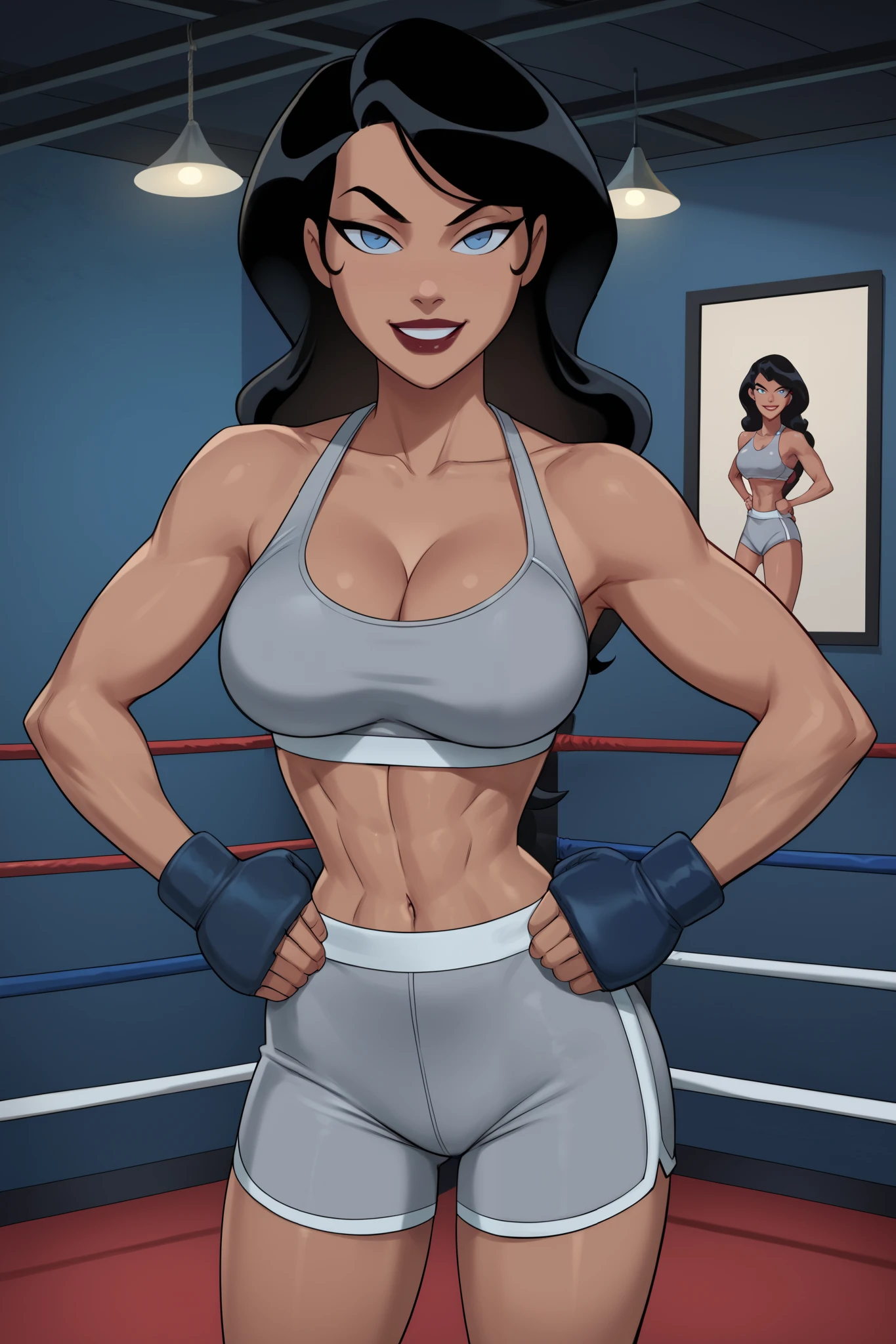 PonyXLV6_Scores BREAK ((parody) perfect anatomy, perfect eyes, cowboy shot), BREAK zatanna zatara, long hair, black hair, dark-skinned female, blue eyes, lipstick, flirting, raised eyebrow, half-closed eyes, ((looking at viewer)), long hair, gray boxing shorts, large breasts, curvy, toned, athletic, standing, gym, boxing ring, gray boxing gloves, indoors, gray sports bra, muscles, smiling, hands on hips