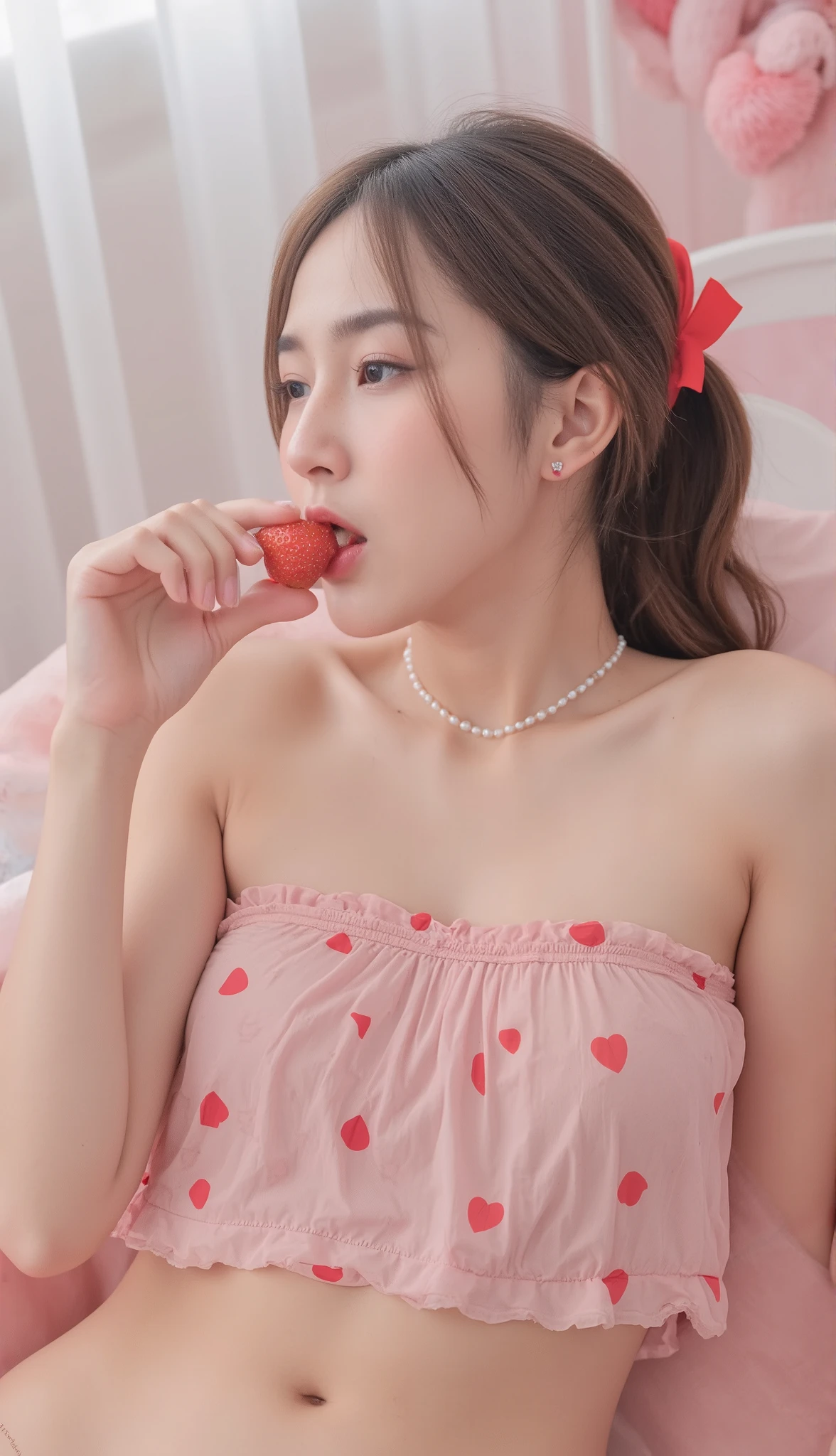 A young Asian woman with fair skin, wearing a soft, dusty pink airy strapless crop top with a red heart pattern. She accessorizes with a small pearl necklace featuring a red ribbon and matching pearl earrings. She holds a strawberry in her hand, biting into it playfully. No panties, Stawberry and some water on her stomach. The scene is set in a simple, cozy bedroom with a Valentine’s vibe, captured in a casual, natural 'Cosplay photo' style, as she lies comfortably on the bed.