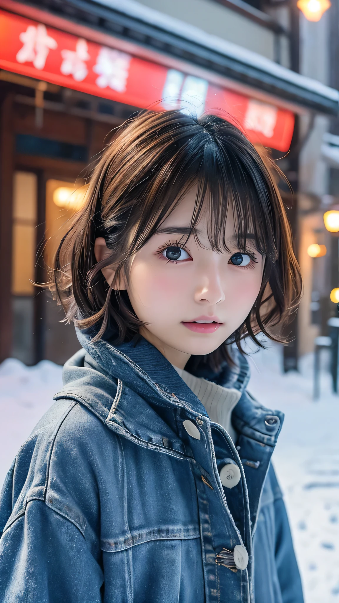  Japanese girl facing the front, super image quality, cute, pretty, sexy, and cute, actress, Japanese pretty girl, Lori, loose, short, curly hair, excellent style, excellent skeleton, clean, fluttering hair, small face, delicate girl, realistic girl, girl looking at her top, excellent photography style showing her whole body、Girlfriend feeling、 nice、 downtown、、  nostalgic 、snow、Warm clothes . nice smile