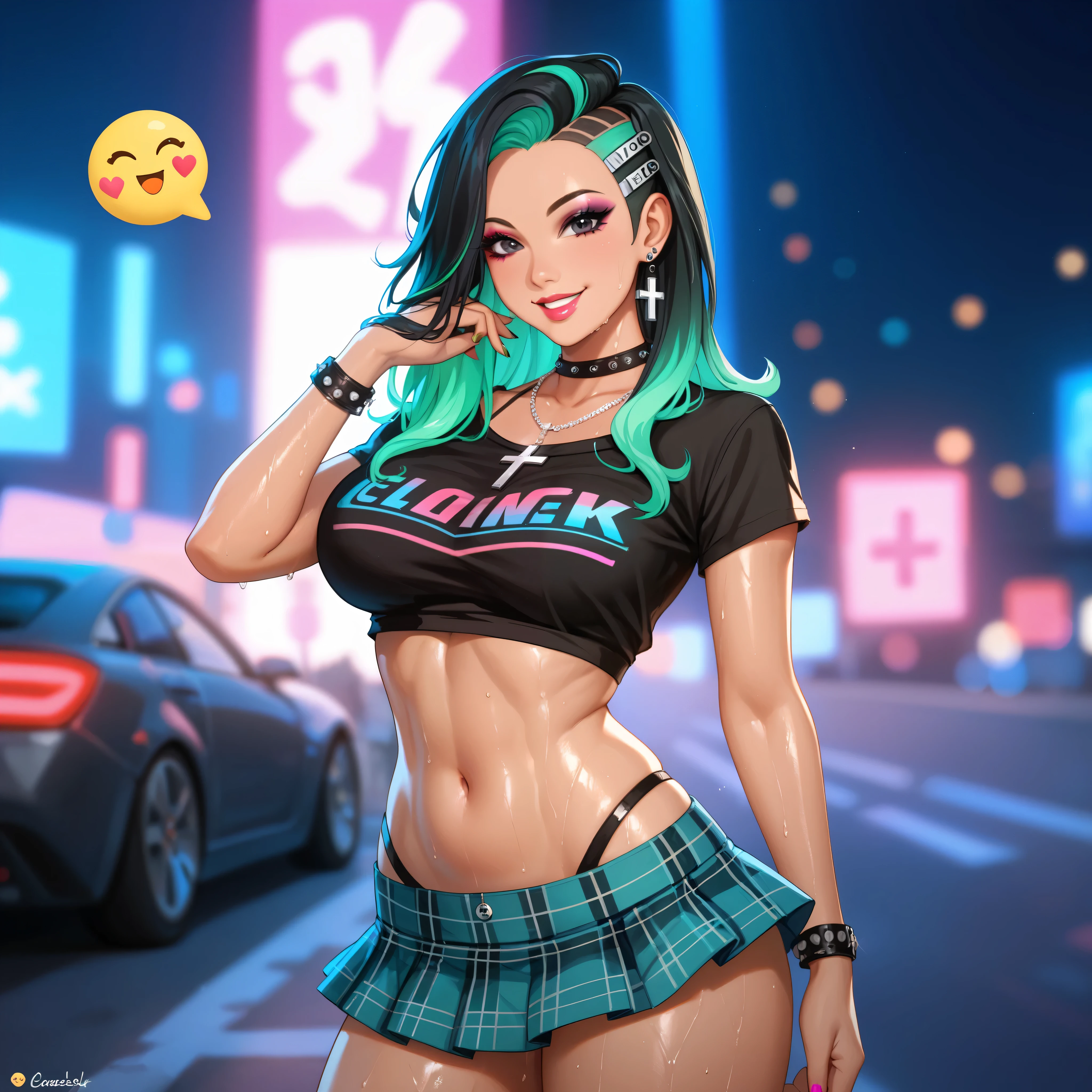 Party girl on a dance club wear a t-shirt on which word ((petrol))  is written 
