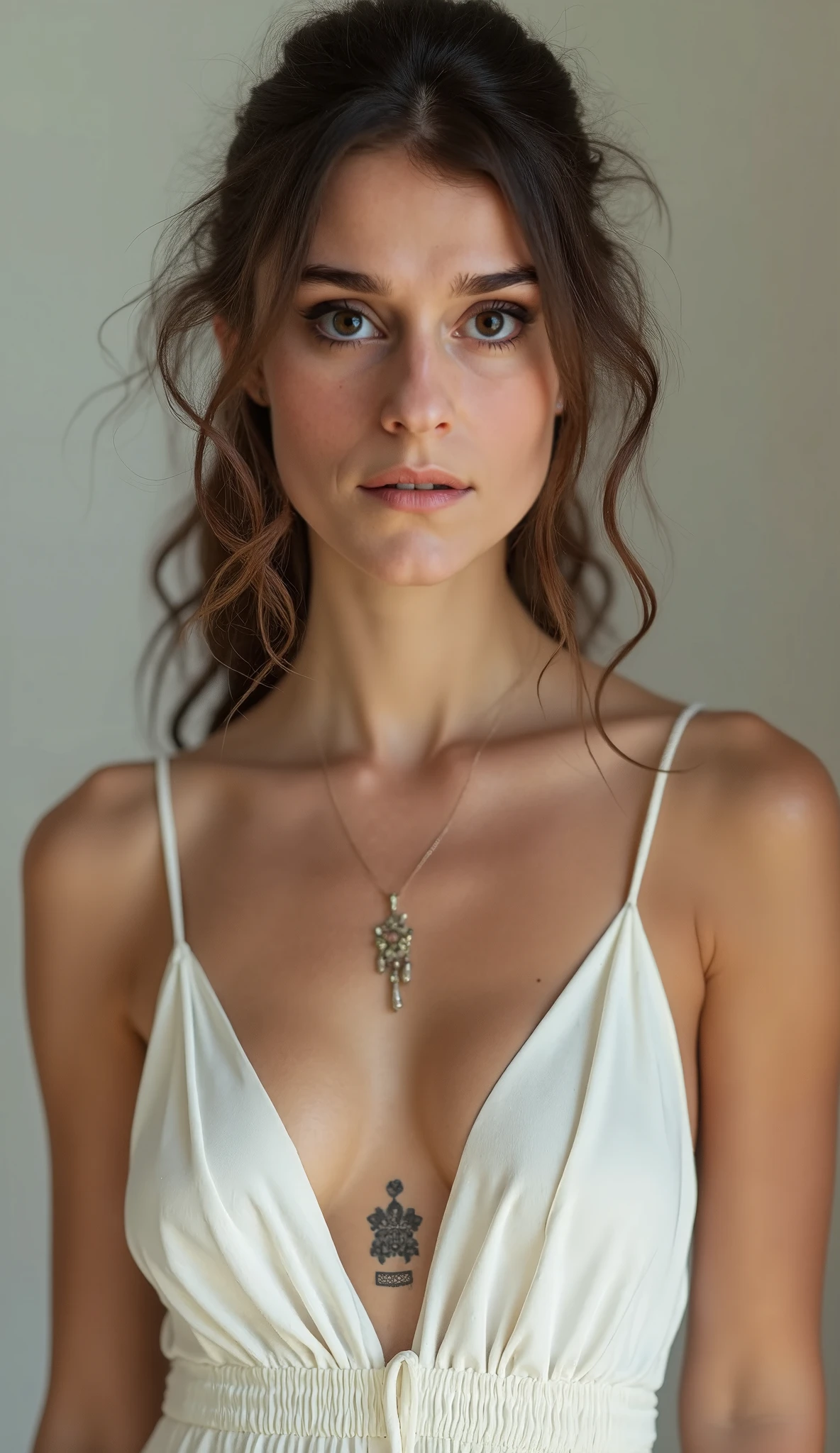 Naked girl with four necklaces bathing while groping her breasts