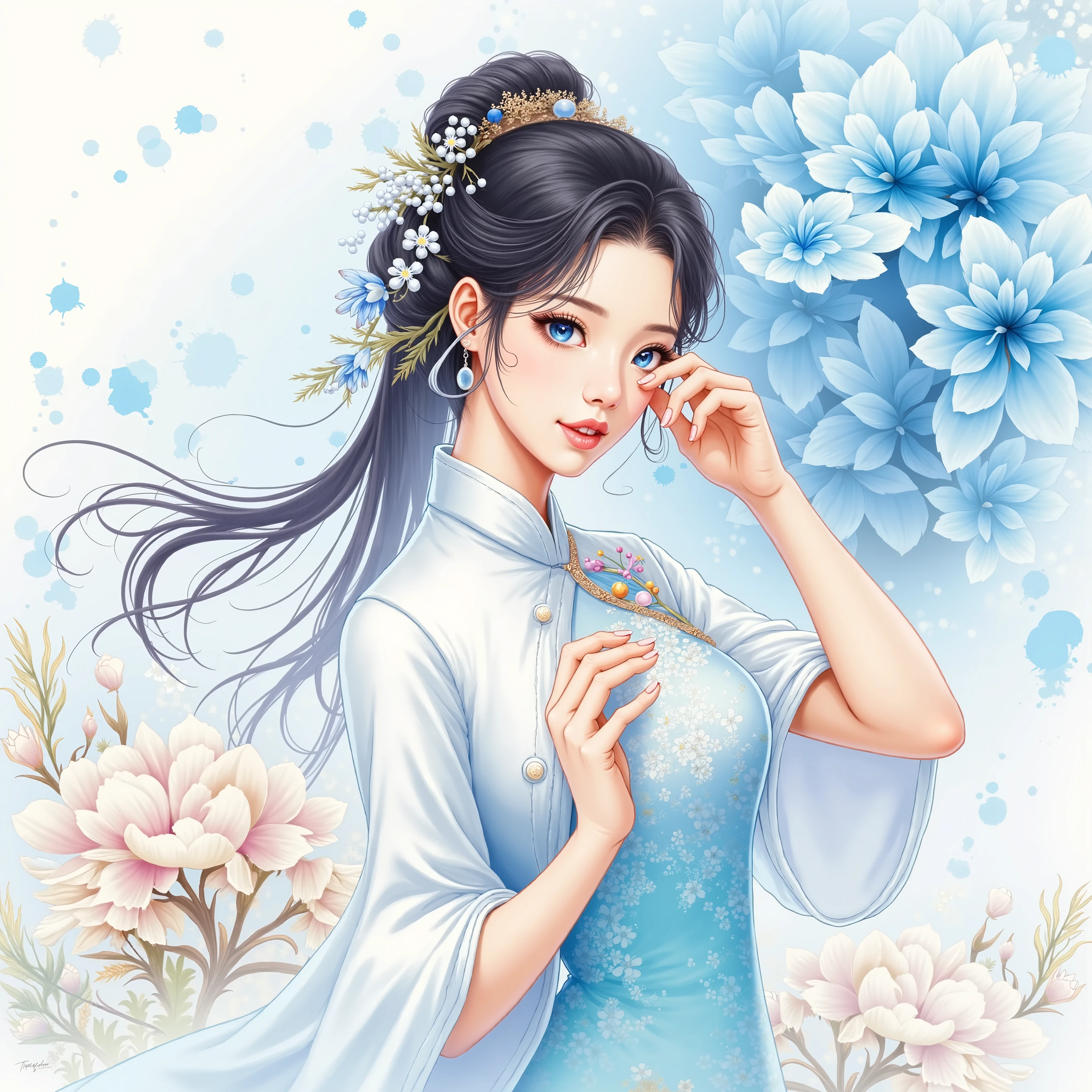 painting of a woman wearing Chinese dress, blue eyes, light blue flower in background, color splashing, pastel color, intricate detailed