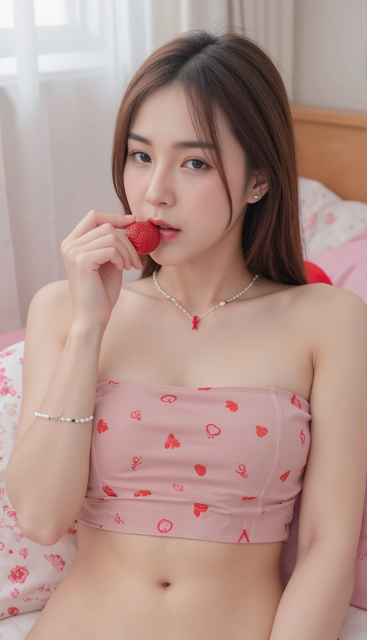 (1 Korean girl), ((best quality, 8k, masterpiece: 1.3)), focus: 1.2, perfect body beauty: 1.4 , (smile), (indoor), highly detailed face and skin texture, fine eyes, double eyelids, whitened skin, (black straight : 1.3), (round face: 1.5), (dress: 1.4), ( strawberry pattern dress)