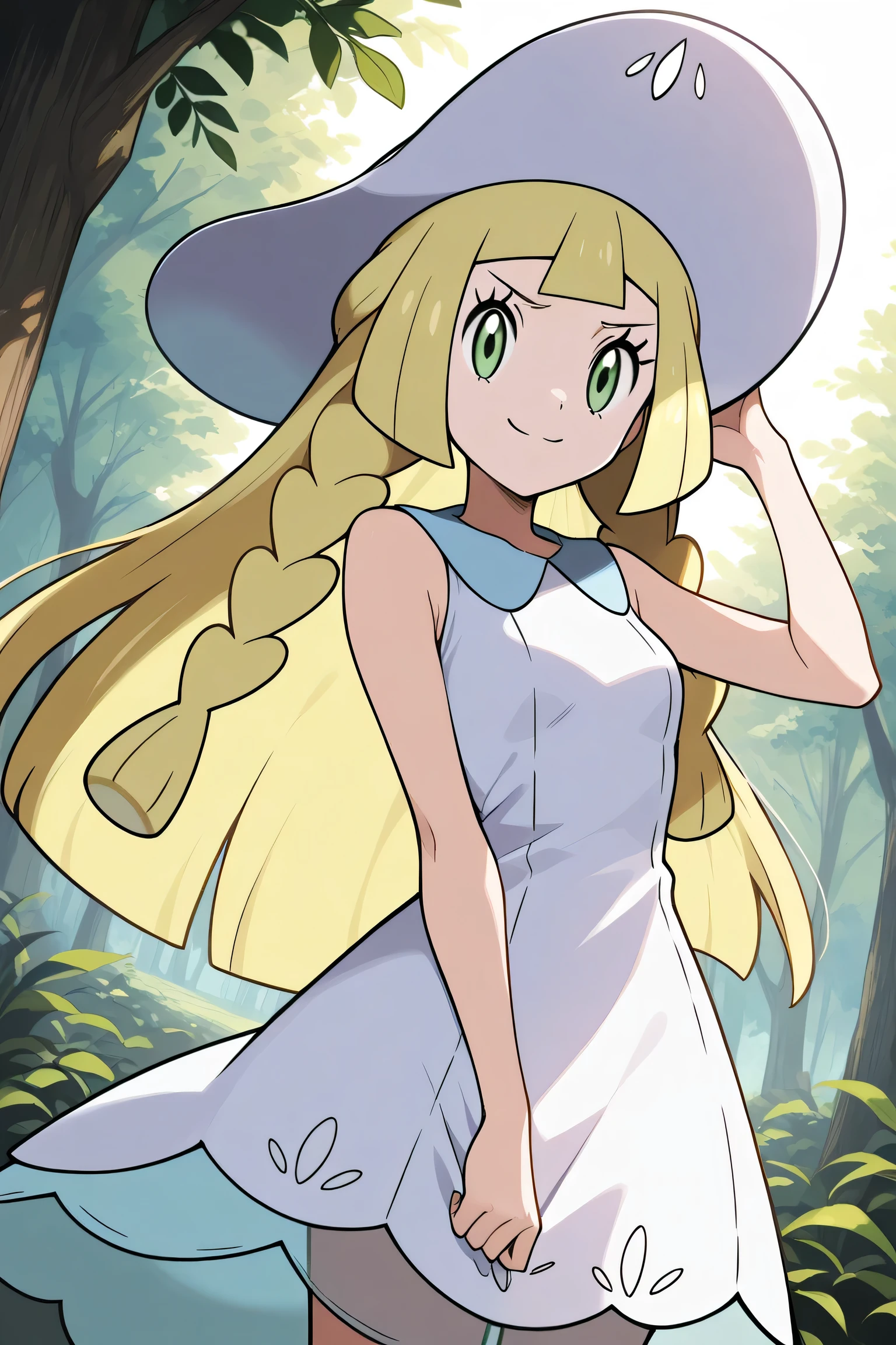 score_9, score_8_ up the side, score_7_ up the side, source_Anime, Lily \( Pokemon \), blond hair left and right, blunt bangs, GREEN EYES, long hair,, braided, collared dress, dress, gradation shirt that Furakana has , sleeveless, sleeveless dress, sun gradation shirt that Furakana has , sun dress, twin braideds, white dress, White headdress, smile, smug , viewers, Alone,, smile, viewers, Alone,, cowboy shot, Dutch angle 、Outdoors、