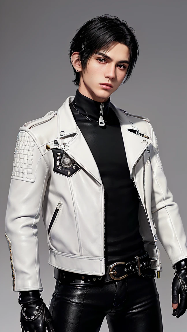 Final fantasy taste and reality graphics, Japanese young cute and cool ikemen  boy, his age is early 20s, thin eyebrows and beady eyes,  ((he wearing off white color leather  thick material jacket)), ((jacket is singlebrest)), biker style jacket, with epaulet, jacket is long sleeve, ((must close the front of the leather jacket)), , ((voluminous leather jacket)), ,((must jacket is high length and stand-up collar)) ((jacket collar with two belts)), ((jacket is a little black color line pattern)),((close the front of the jacket)), also wearing black thick material turtleneck lackluster shirts,  tight black leather pants,  ((black leather tight and thin glove)), ((black leather knee-high raceup boots)),((must views  head-to-toe)),((must views whole body)), ,((Do not show skin from the neck down)),leather jacket leather glove and leather pants have few wrinkles,boy in the prison room, Avoid showing your innerwear,zip up jacket fastner.
Boy touching owns private parts with right hand.
Bous face is expression of ecstasy.
Boy is black hair.