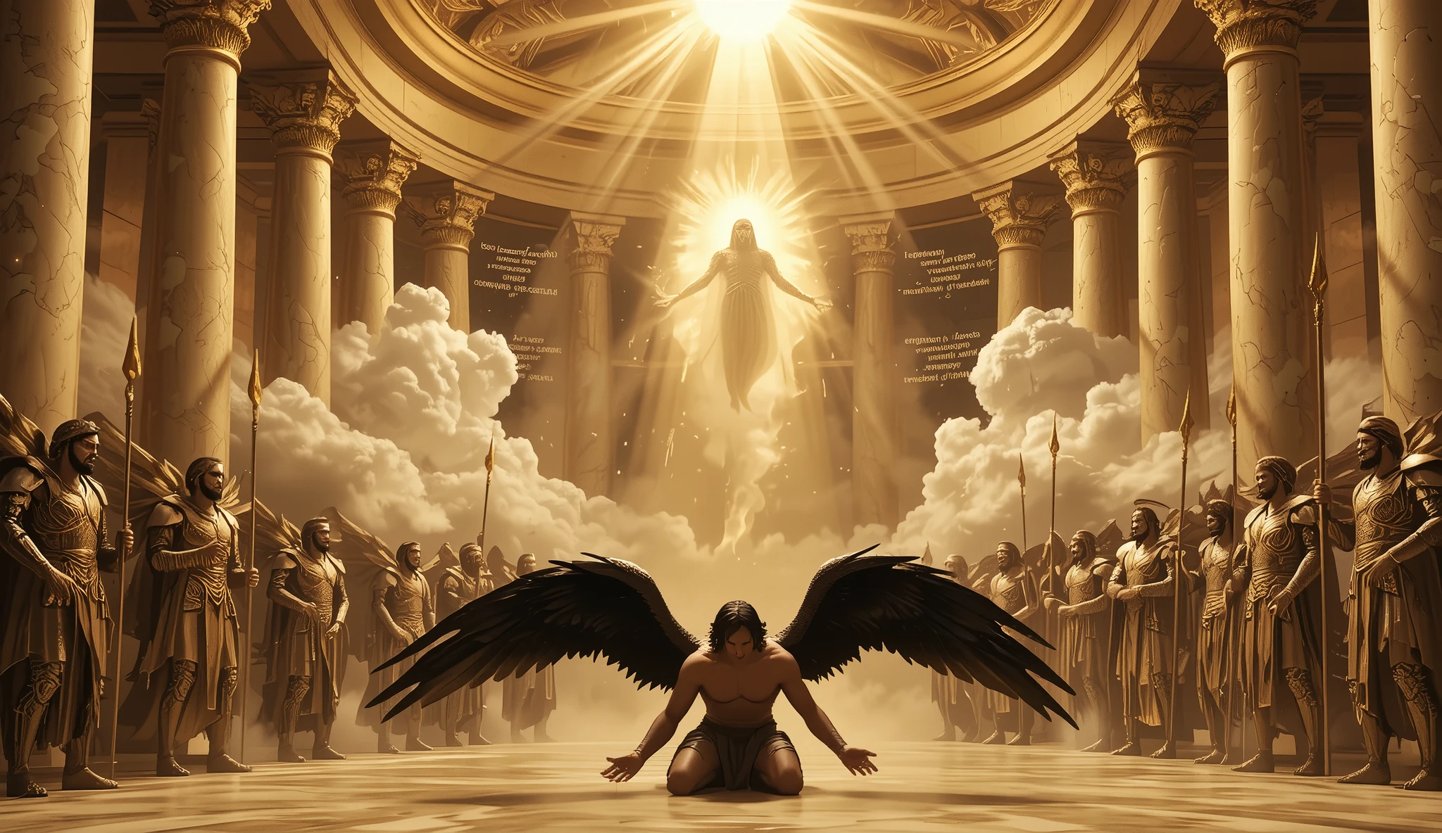 A grand scene in a heavenly court, floating amid golden clouds, with immense marble columns and a floor of brilliant light. In the center, an angel fallen on his knees, with torn black wings and a defiant gaze, faces a radiant celestial being, whose face is obscured by an intense divine light. All around, a circle of judging angels, dressed in shining armor, hold golden spears and watch the judgment with stern expressions. Beams of light descend from above, giving a sacred and implacable air to the moment, while mystical inscriptions shine on the walls of the court, representing divine laws. Style: Epic and celestial, with contrasts between divine light and dark shadows to represent divine justice and the tragic fate of the rebels.