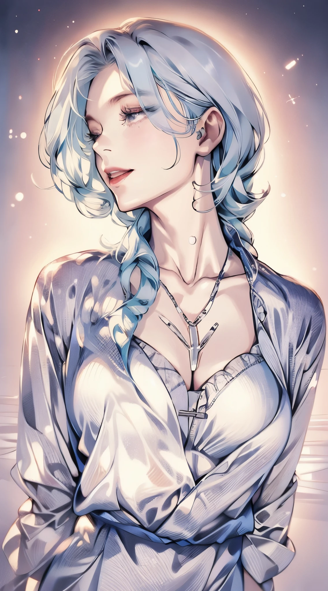 nsfw,  Clevis's clothing tear on the rock ,  White clothes,  small breasts, elegant, charming,  green eyes,  open eyes ,  high quality ,  masterpiece. ( Digital art of film : 1.3),super detailed, Illustrations, [4K digital art],lndswgnr, ( concentration : 1.5), Teeth ,  Bokeh effect, 4K ,( masterpiece:1.3),  cross earrings,  High Definition, super detailed,  High Definition  CG Unity 8K wallpaper, realistic,  Photorealistic, RAW photos,  detailed face , 青  white skin, Shiny skin, detailed texture of the white fabric, detailed hair texture,  perfect body,  pretty face, Acura,  face and skin texture, necklace with cross, ( white skin:1.2), thin legs, detailed person, detailed night sky background,   smile, mar, sunset , profile