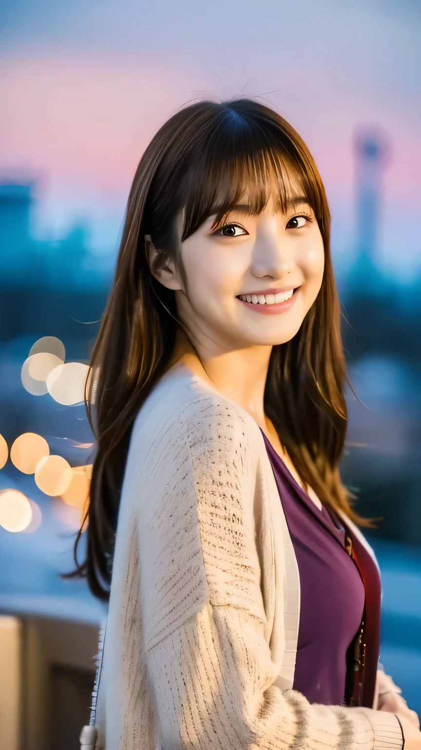 1 girl, solo, dress,cardigan long hair, bangs, ((highlight brown hair)),後ろで髪の毛を束ねる,
chest, smiles, Aperture F2.8, 8k octane , 3D rendering , night view, Disney 、手を差し伸べる