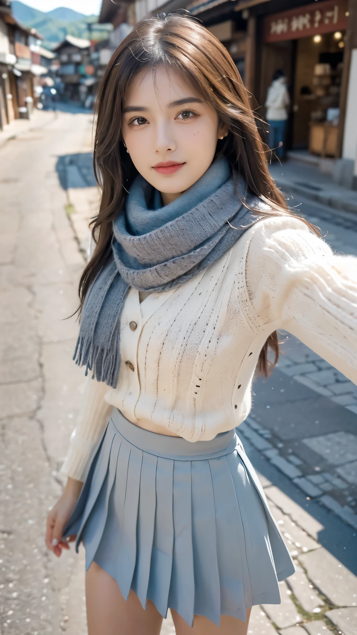 Obra maestra, La mejor calidad, ultra-high resolution, Foto de alto detalle, Unidad 8K Fondo de pantalla, professional photograph, (CG extremadamente detallado:1.2), depth of field, bokeh, (Foto RAW:1), realistic photography:1.4), (1girl:1.5), joven, physically based representation, beautiful, (Cara finamente detallada:1.4, Ropa detallada), (Detallado:1.4) named (Eimi Fukada:1.1) BREAK Cara hermosa, Profundidad de campo, Agregar capa, hiperrealista, 2, Modelo de cuerpo perfecto, senos perfectos, 175cm de altura, pose sexy, full body, cuerpo completo, Tipo de cuerpo del modelo, BREAK (extreme skin details:1.1), skin details, (wearing a white oversized cable-knit sweater with a textured, cozy look, and a grey short, pleated tan skirt that hits mid-thigh and a light blue scarf:1.3), (long hair:1.5), doble parpado BREAK blush, (gentle smile:1.3), (She's casually resting her left hand on her forehead, shading her eyes from the sun:1.4), (standing on an empty street in a quaint mountain town:1.3), (In the background, the street is lined with shops, with one prominently displaying a sign in Japanese. The buildings have a mix of modern and traditional Japanese architectural styles, with wooden and metal structures:1.3), blush, DSLR camera such as a Canon EOS 5D Mark IV, using an aperture of f/2.8, a shutter speed of 1/60 sec, and an ISO of 400, (looking at the camera:1.5), (selfie:1.5), (from above:1.3), (medium close-up:1.3), seductive expression,