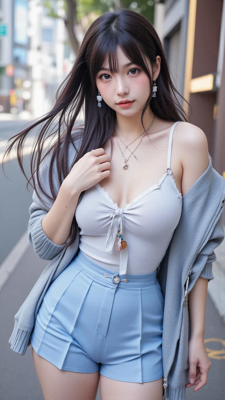 girl,single,Long hair,Looking at the audience,Bangs,blue eyes,Bow,Ribbon,whole body,Black hair,Bow,Low-cut clothing,Off-shoulder clothing,Suspender Skirt,Lips,eyelash,蓝Bow,白Bow,Lace,curls,lifelike,Smiling,Transparent Clothes,Colorful particles,Huge breasts,E cup chest