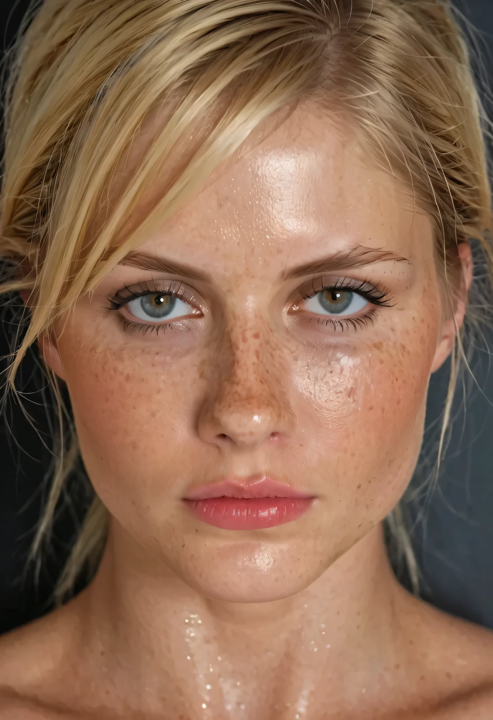 score_9,score_8_up,score_7_up, photo \(medium\), photorealism, portrait photo of a handsome 25 yo blonde female model, freckles, hyperdetailed, hyperrealism, skin details, cinematic shot, determined look, wet, lascivious, lewd, fashion photoshootm, hyperdetailed photography, looking at viewer