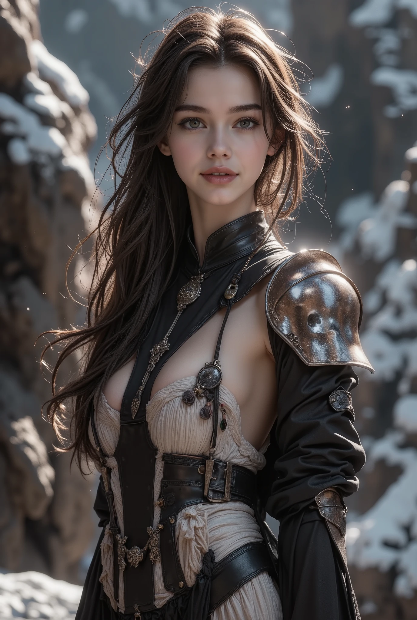 (ultra Realistic) , (illustration), (Enhance resolution), (8k), ( Extremely Detailed), ( detailed face ), Slim Body, in the dark , deep shadow, low profile, pureerosfaceace_v1, Happy smile, Winter, Mountain