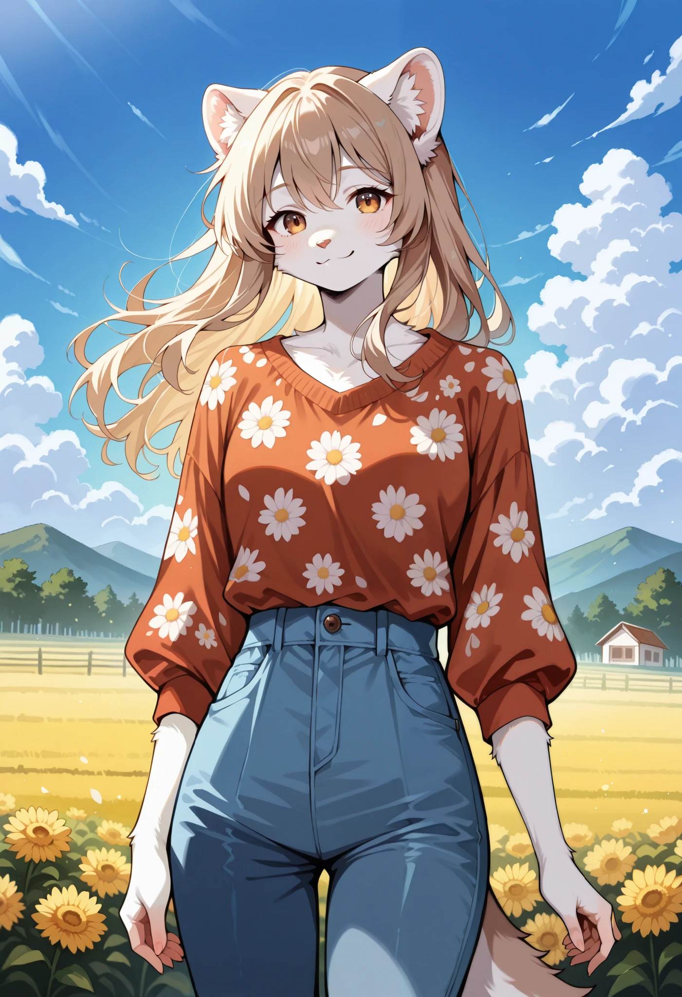 rating_safe, score_9, score_8_up, score_7_up, score_6_up, score_5_up, score_4_up, hires, source_furry(one scene of movie)nature, farm, Blue sky, clouds, florals Beautiful garden(furry anthro, solo, girl, casual fashion, Relux pose, Smile)cinematic lighting, dynamic angle,