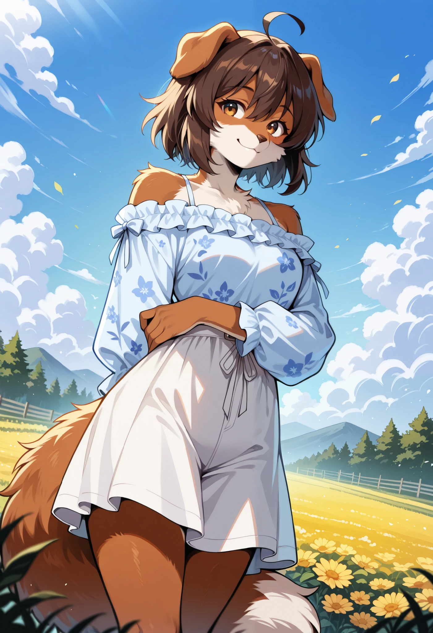 rating_safe, score_9, score_8_up, score_7_up, score_6_up, score_5_up, score_4_up, hires, source_furry(one scene of movie)nature, farm, Blue sky, clouds, florals Beautiful garden(furry anthro, solo, girl, casual fashion, Relux pose, Smile)cinematic lighting, dynamic angle,