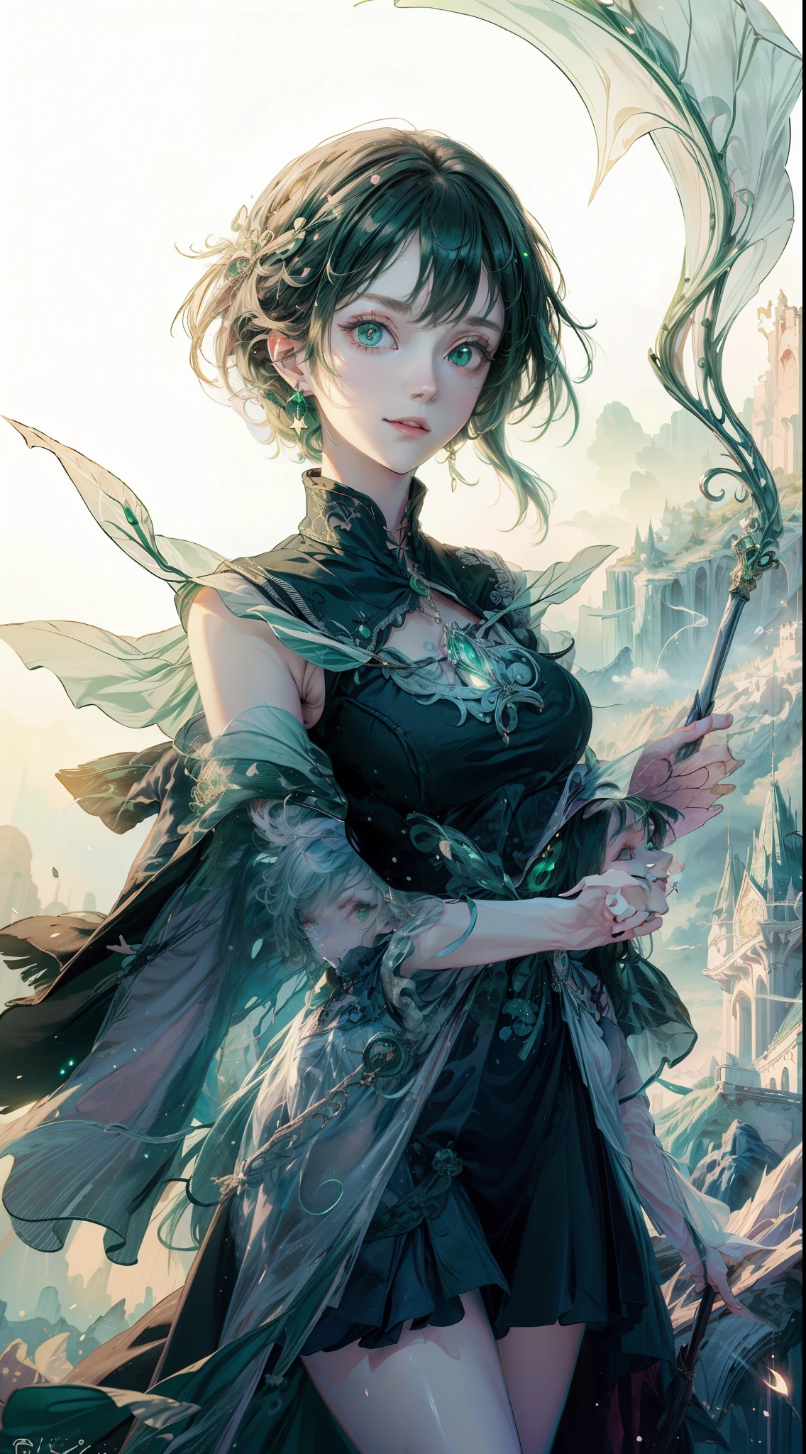  Masterpiece,  highest quality, in the seat, witch, (((witch's hat))),  Magical Girl,Green clothes, Green messy hair, GREEN GLOWING EYES ,  white skin, slender,  Magic Wand,  mischievous smile,   high fantasy,  dreamy digital painting,  magical color and atmosphere,Soft light,   fantasy art , small breasts,((Glancing sideways)),,short, Wind Spirit,Green light