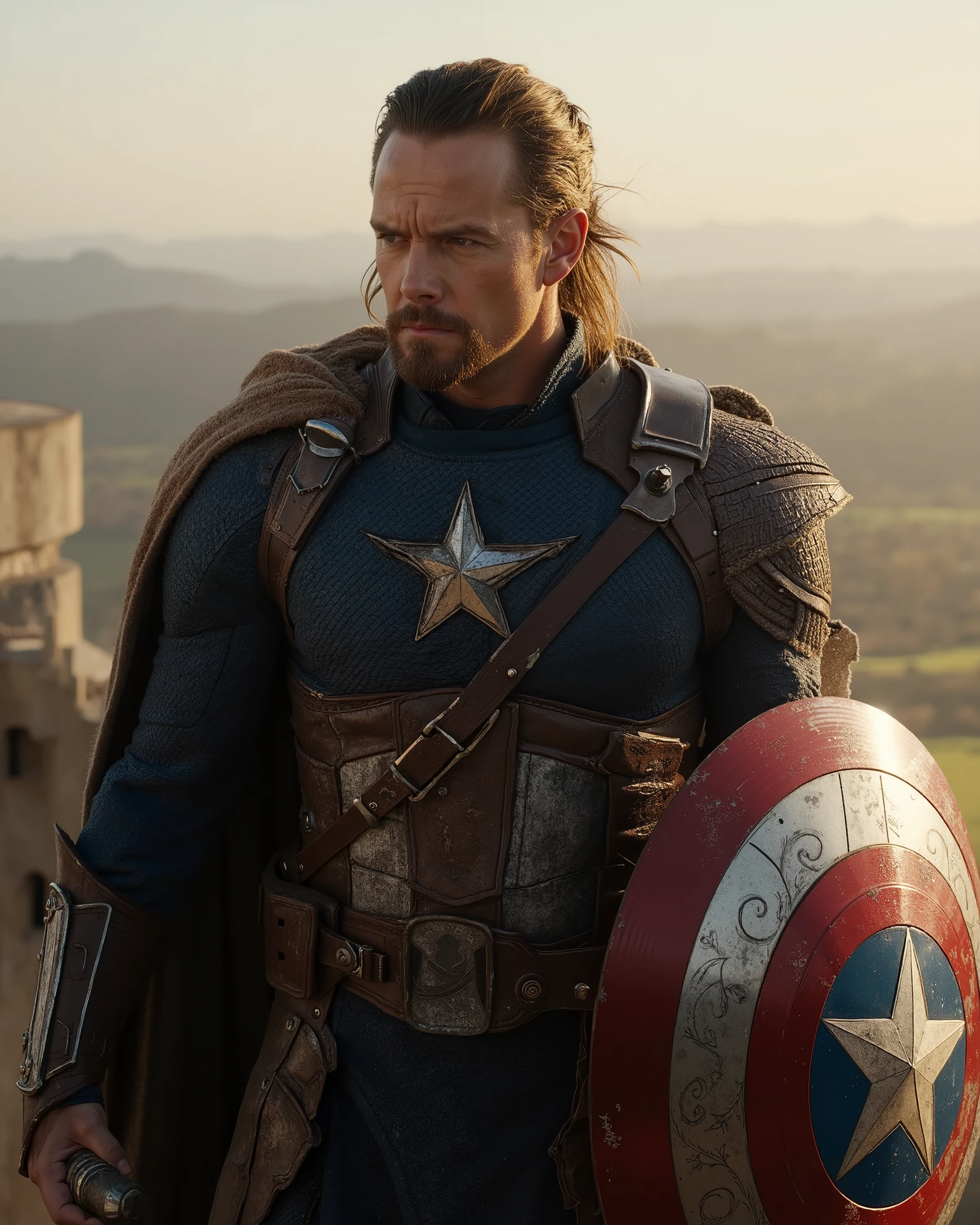 Create a gritty, cinematic portrayal of Captain America as a Gondorian warrior. He wears weathered, battle-worn Gondorian armor with a blue-and-silver tunic underneath, and his shield is a fusion of Gondor’s White Tree and his star emblem, crafted from aged steel. His face is stern, with a faint scar across his cheek, and his hair is tied back in a rugged, Aragorn-inspired style. Show him standing on the battlements of Minas Tirith at dawn, gripping his shield and a sword, with the Pelennor Fields stretching out below and the shadow of Mordor looming in the distance. The lighting should be soft and golden, with a sense of impending battle
