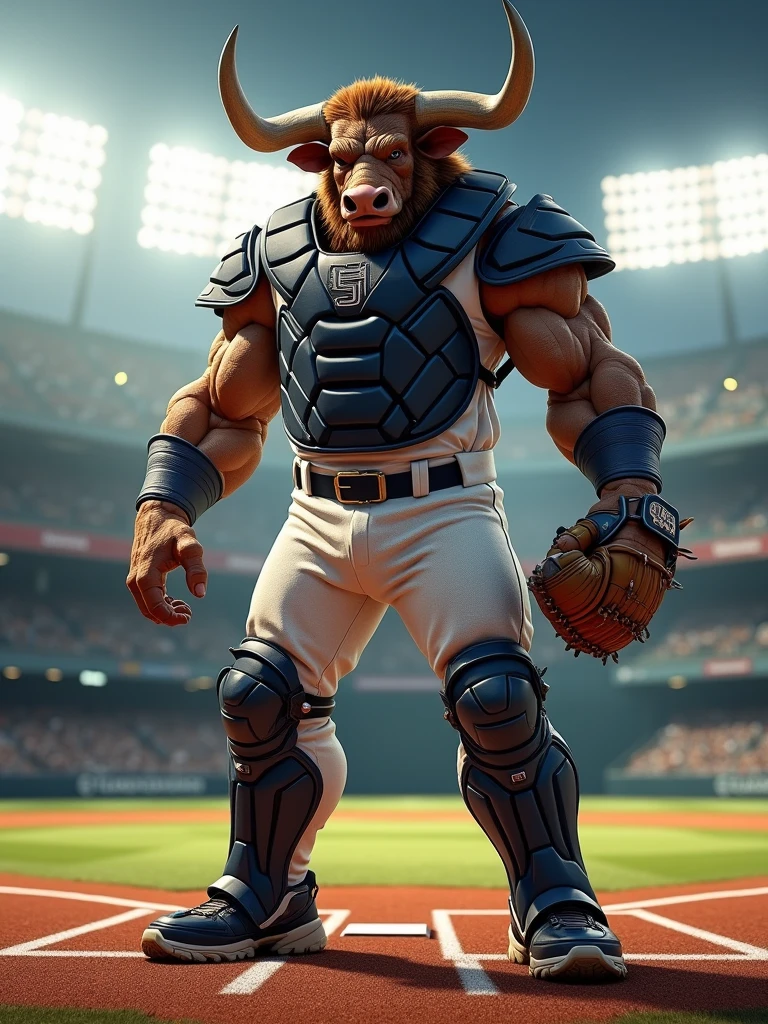 A giant bull with big horns,Furious and big muscles standing in a baseball stadium at his feet and with a baseball bat in his right hand a blue cap with the letter T 