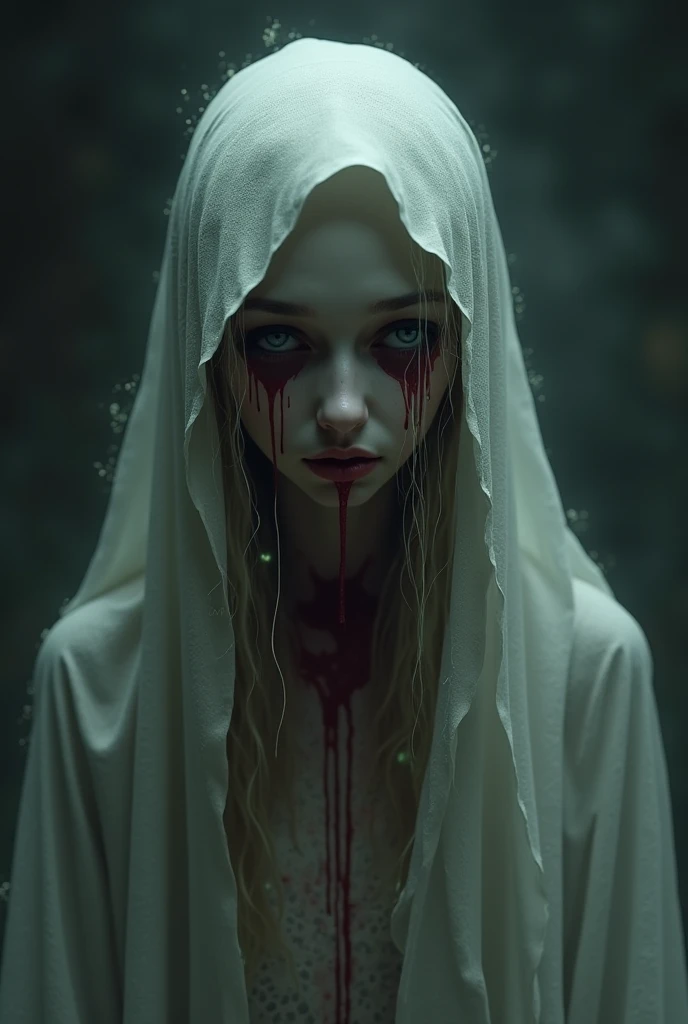 horror movie poster with a albino ghost with blood