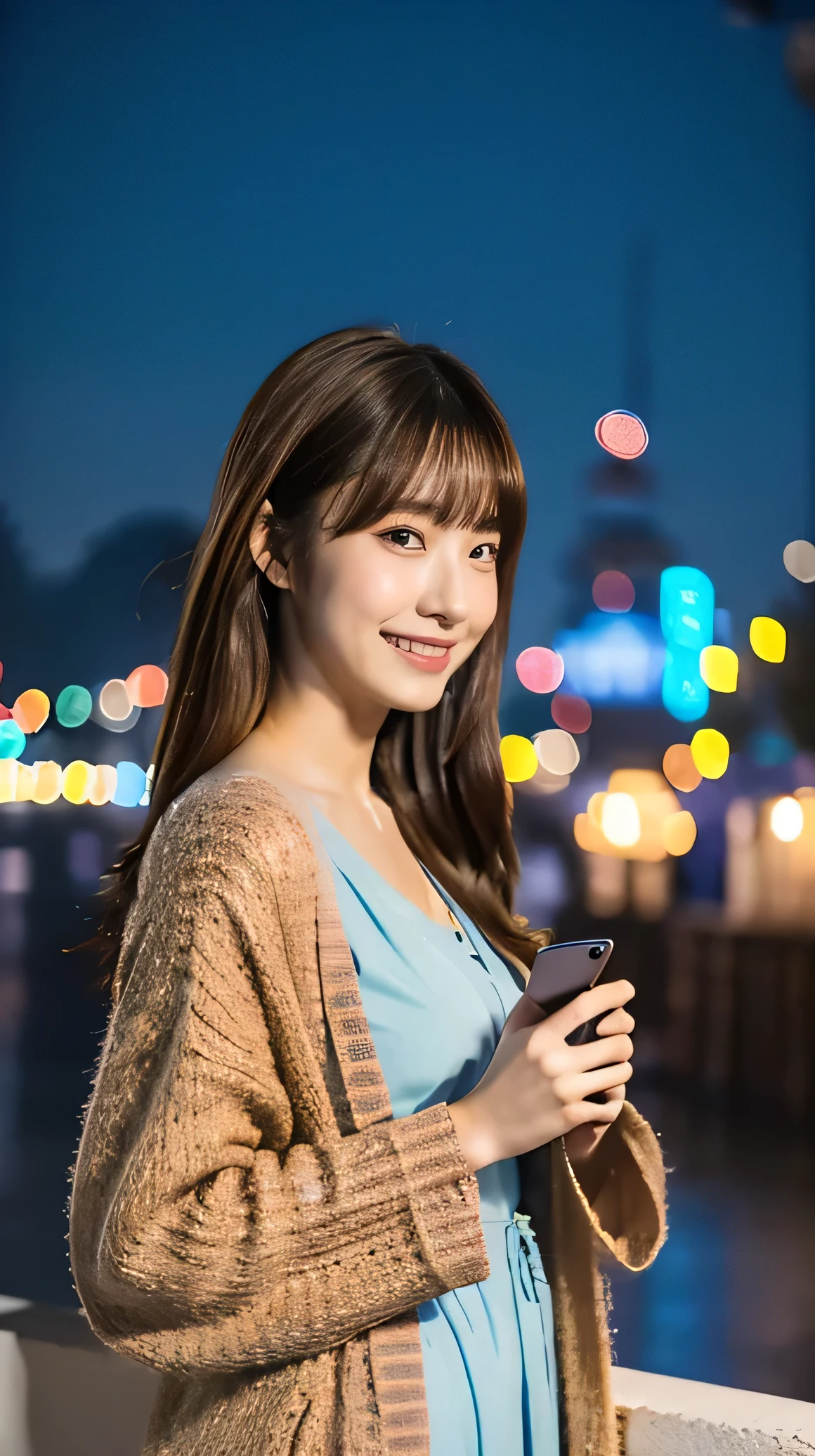 1 girl, Alone, ((Reach out to the screen))，dress，cardigan long hair, bangs, ((highlight brown hair))，Bundle your hair at the back ，
chest,  smiles,  Aperture F2.8,  8k octane ,  3D rendering ,  night view， Disney 