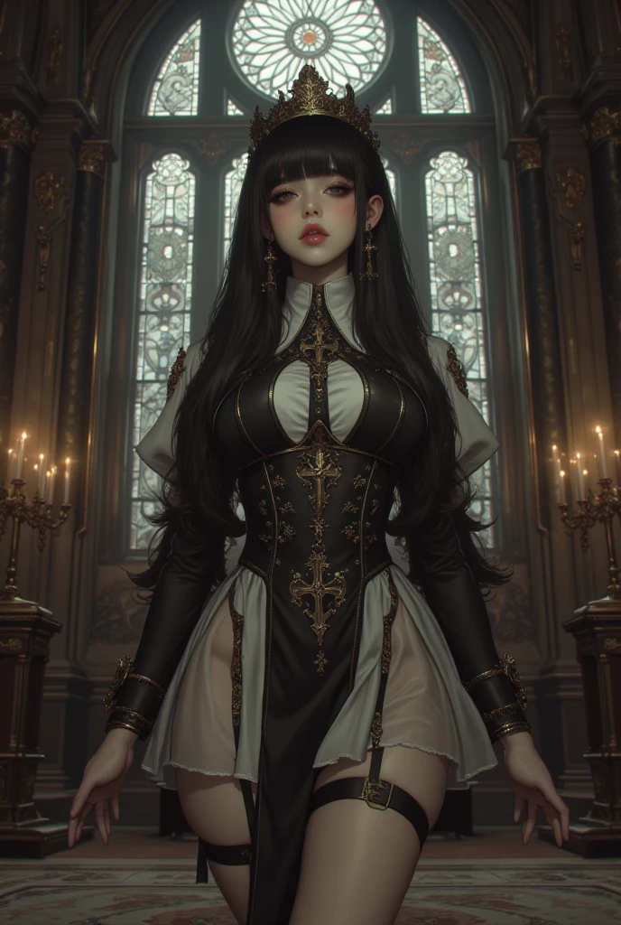 (masterpiece, Highest quality), (High resolution, Very detailed), (Perfect Anatomy), Outdoor, One person, alone, dress, interjection, Large Breasts, Sunburn, necklace, White sleeves, Knee socks, Muscular, Thighs, whole body, Priestessess, church, Devout, pants, coat, pull, boots, Bodysuits, bigdress, Biglobe,black Bodysuits, ハイboots, Feet together, From toe to head,nfsw,night ignite,sunset
