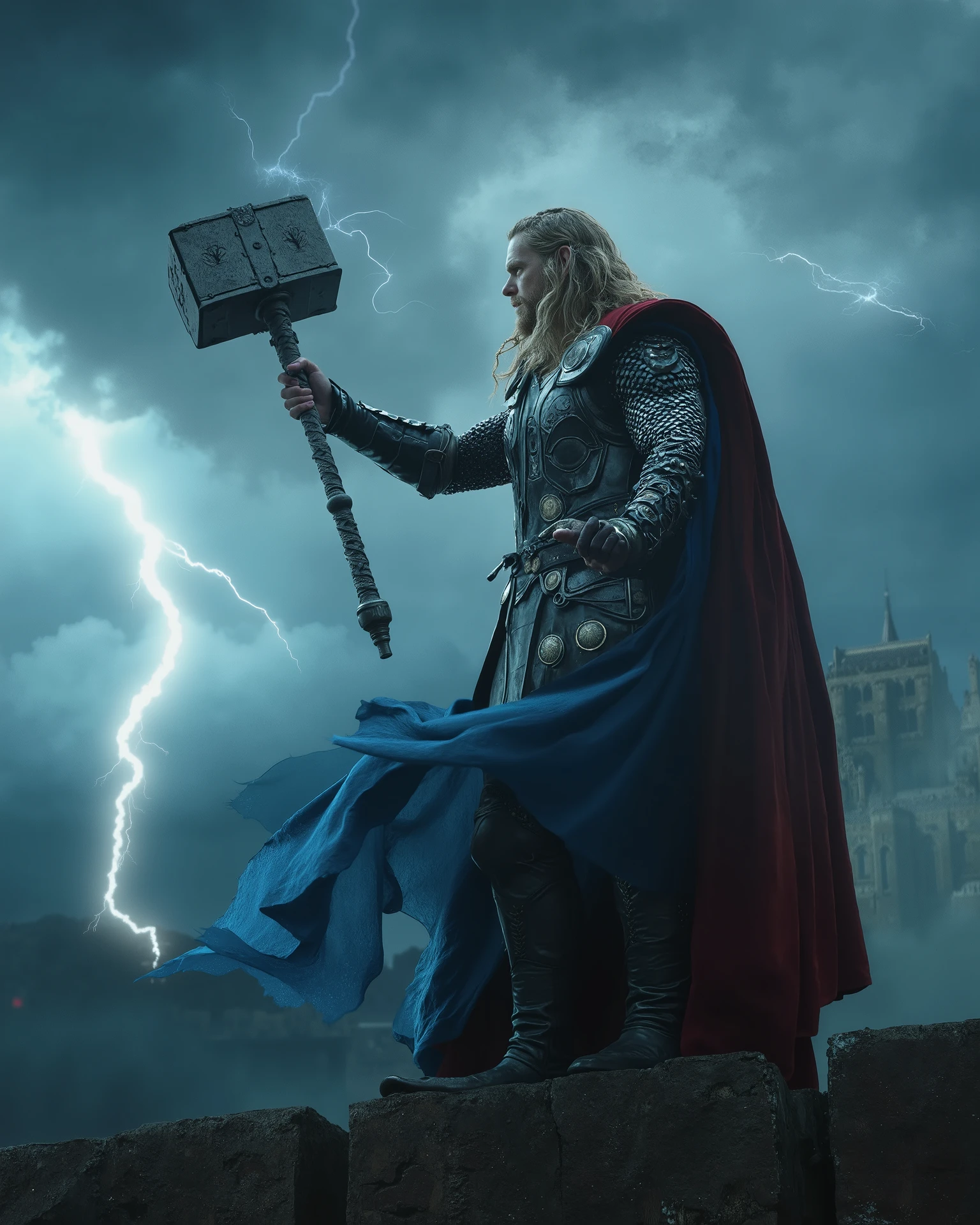 Create a cinematic portrayal of Thor as a legendary warrior of Gondor, blending his Norse god aesthetic with Gondor’s regal, battle-worn style. He wears heavy, ornate Gondorian armor with a flowing blue cloak, and his hammer, Mjölnir, is reforged with Elven runes and a Gondorian tree motif. His hair is long and braided, with a crown-like circlet resembling his Asgardian design. Show him standing on the walls of Minas Tirith during a thunderstorm, lightning crackling around him as he raises Mjölnir to the sky. The background should feature the dark clouds of Mordor, with the White City glowing faintly in the storm’s light