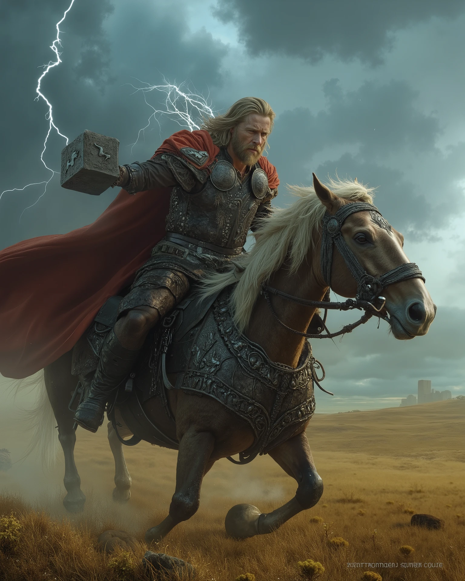 Depict Thor as a mighty Rohirrim rider, fully immersed in the rugged, earthy aesthetic of Rohan. He wears leather and fur armor with a red cloak, and his hammer, Mjölnir, is strapped to his belt, its head engraved with Rohirrim horse motifs. Show him mounted on a massive, armored horse, charging across the plains of Rohan with lightning striking the ground around him. The background should feature the rolling hills of Edoras, with a storm brewing on the horizon and the faint silhouette of Helm’s Deep in the distance