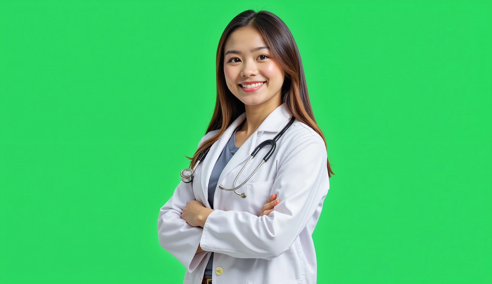 A beautiful 20-year-old Indonesian female doctor is captured in a three-quarter body portrait. She is wearing a professional white coat over a stylish yet modest outfit, with a stethoscope draped around her neck. Her hair is neatly styled, complementing her youthful and confident appearance. She poses in an engaging and charismatic manner, exuding warmth and intelligence. The background is a vibrant green, creating a fresh and lively contrast that enhances her presence. Her expression is friendly and approachable, reflecting her dedication to the medical profession.