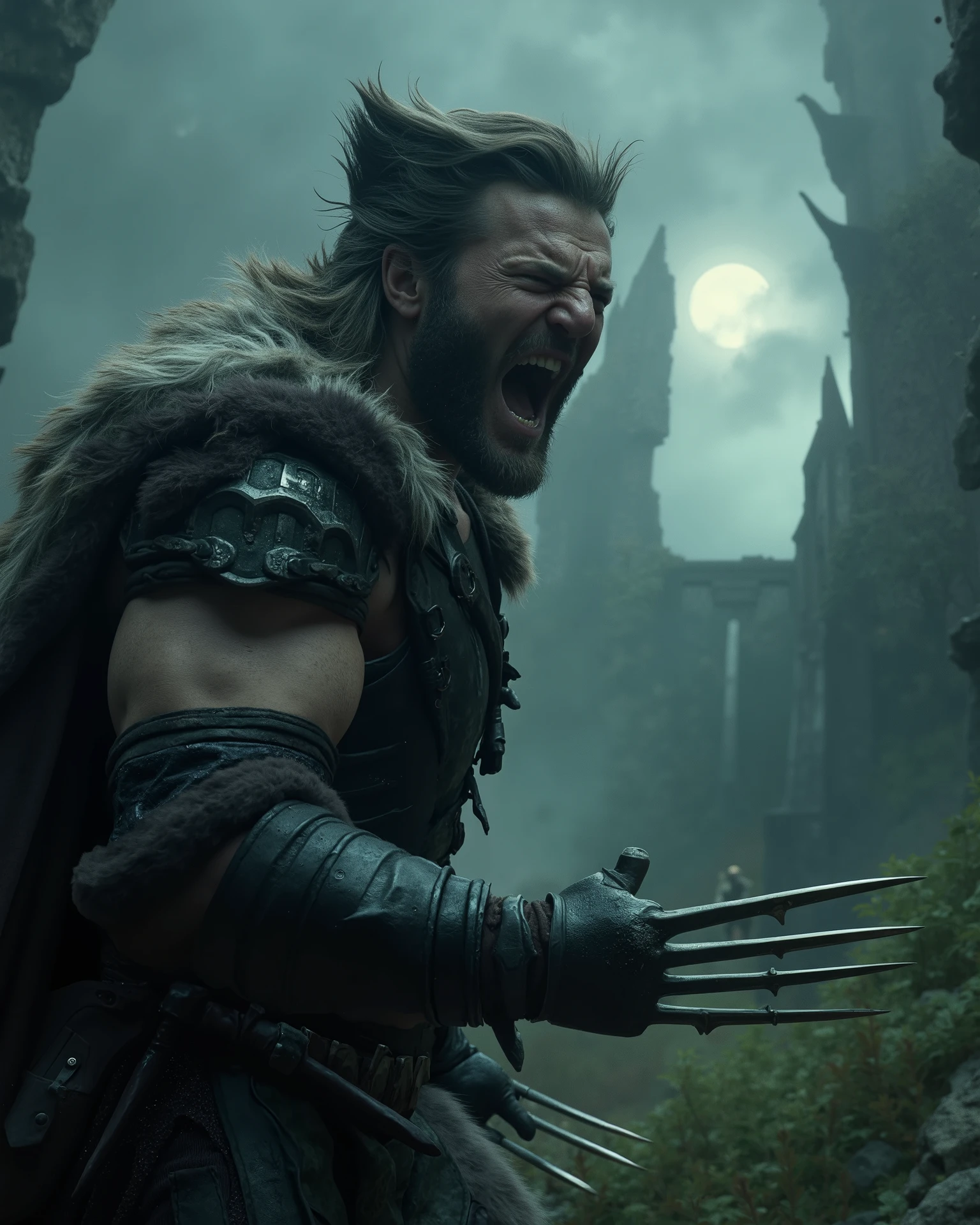 Create a gritty, cinematic portrayal of Wolverine as a Dúnedain ranger, wandering the ruins of Arnor. He wears weathered, dark leather armor with a fur-lined cloak, and his claws are forged from ancient Númenórean steel, glowing faintly with runes. His hair is wild and unkempt, with a beard that shows years of hardship. Show him standing in the overgrown ruins of Annúminas, his claws extended, as he snarls at an unseen threat. The background should feature crumbling stone structures, misty forests, and the faint glow of moonlight breaking through the clouds.