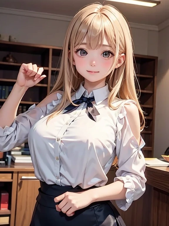 8K quality、High definition male、Gal high school girl、Brown long hair、Brown eyes、Star Necklace、High school classroom at dusk、Japanese school girl uniform、Beautiful legs、Beautiful thighs、Dignified face、Small breasts、Seduce、slender、Model Body Type、Ripe body、、Rolled up hem、White blouse with open chest、Wearing a navy blue jacket with the sleeves rolled up、Light blue skirt、Wink and peace sign