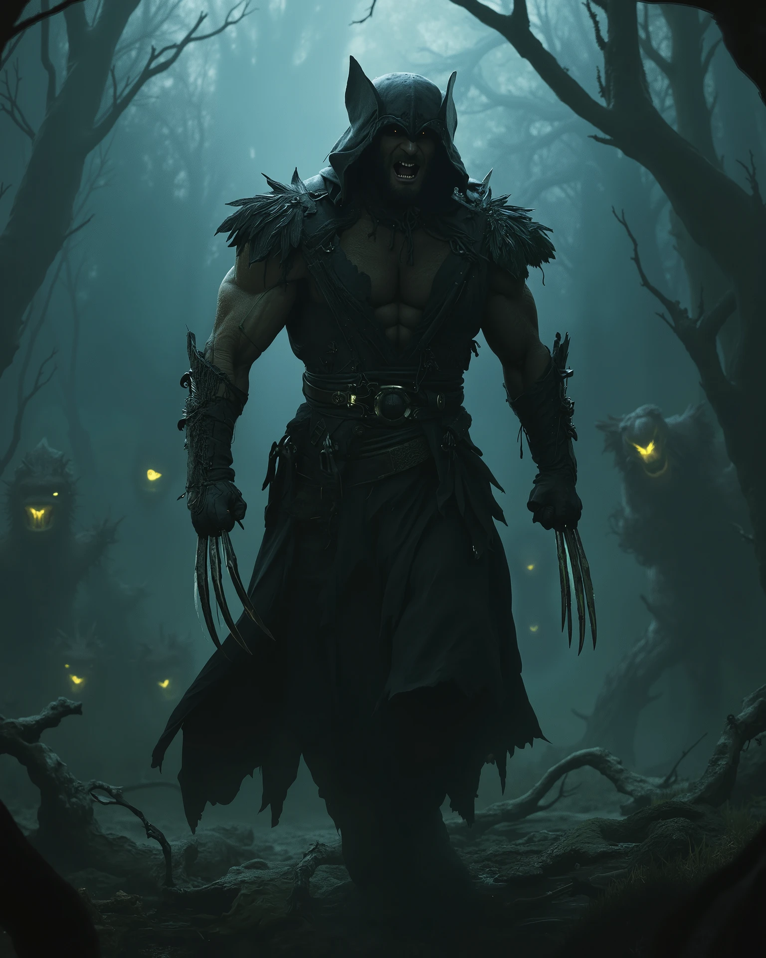 Reimagine Wolverine as a cursed wanderer, feared and revered across Middle-earth. He wears tattered, dark robes with a hood that shadows his face, and his claws are ancient, cursed blades that glow with a faint, ominous light. Show him standing in a dark, misty forest, his claws extended, as he snarls at an unseen enemy. The background should feature twisted trees, glowing eyes in the shadows, and the faint sound of growling creatures. The scene should feel dark, intense, and full of raw power.
