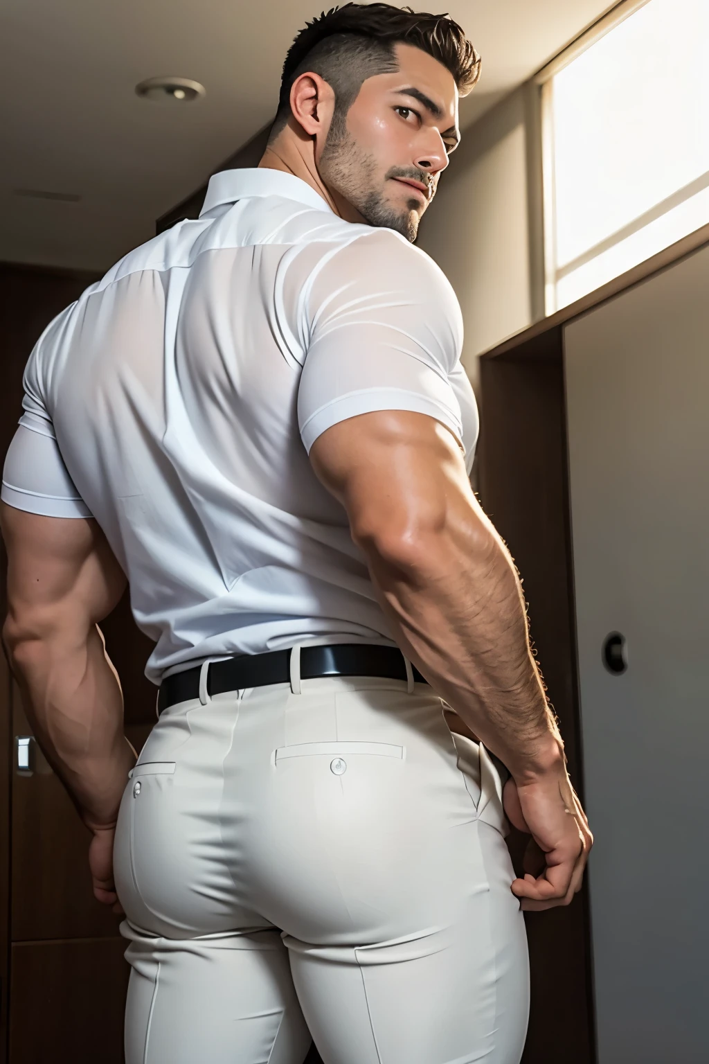 40-year-old boy Japanese muscular male in transparent white formal shirt......... short haired, bearded, wearing navy blue shiny trouser ...........gooning seductive expression.................... dripping on body and pants...................., arching back............... looking back to the camera. [[ huge big unrealistic butt,]] hairy legs.................. muscular thigh......................close up on butt........low angle camera looking up at body........... in locker room........

