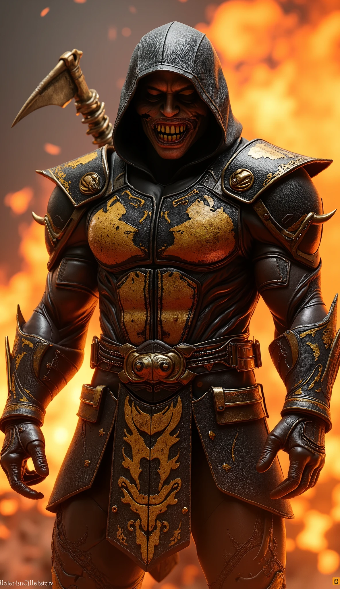 ROBERT DOWNEY JR embodies Scorpion in an intense and dark reimagining of the legendary warrior of *Mortal Kombat*. Wearing classic black and gold ninja armor , He rises with a commanding presence, exuding an aura of vengeance and determination . The hoodie covers part of her face , Without a mask
His hands rest on the handle of his chained kunai , ready to be launched with deadly precision . The hellfire dances around you , illuminating the contours of his armor with ghostly flames that seem to echo his promise of revenge against those who destroyed his clan.
Each movement is calculated and lethal , , blending martial fluidity with the brutality of a spirit that returned from the dead to settle the accounts . “Get over here!” echoes from her deep voice , charged with anger and purpose , while Keanu Reeves as Scorpion becomes the perfect personification of the immortal warrior , a merciless specter moved by justice and through the fire of the Netherrealm .