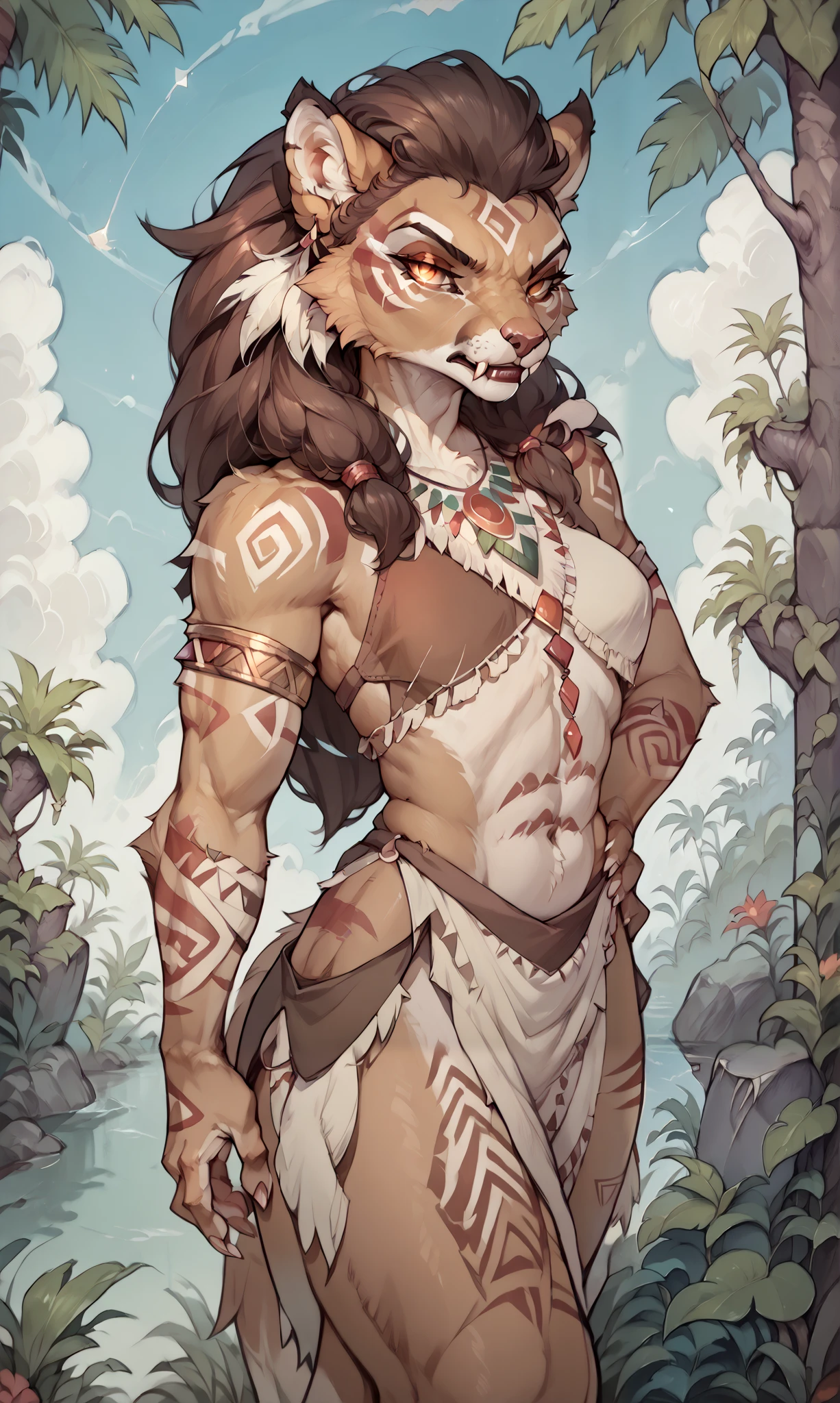 [Single], (beautiful anthropomorphic lioness, female, attractive, monochromatic tribal clothing, shapely body, fur, large and attentive eyes, (serious expression), is standing), (large fangs), outside the lips,