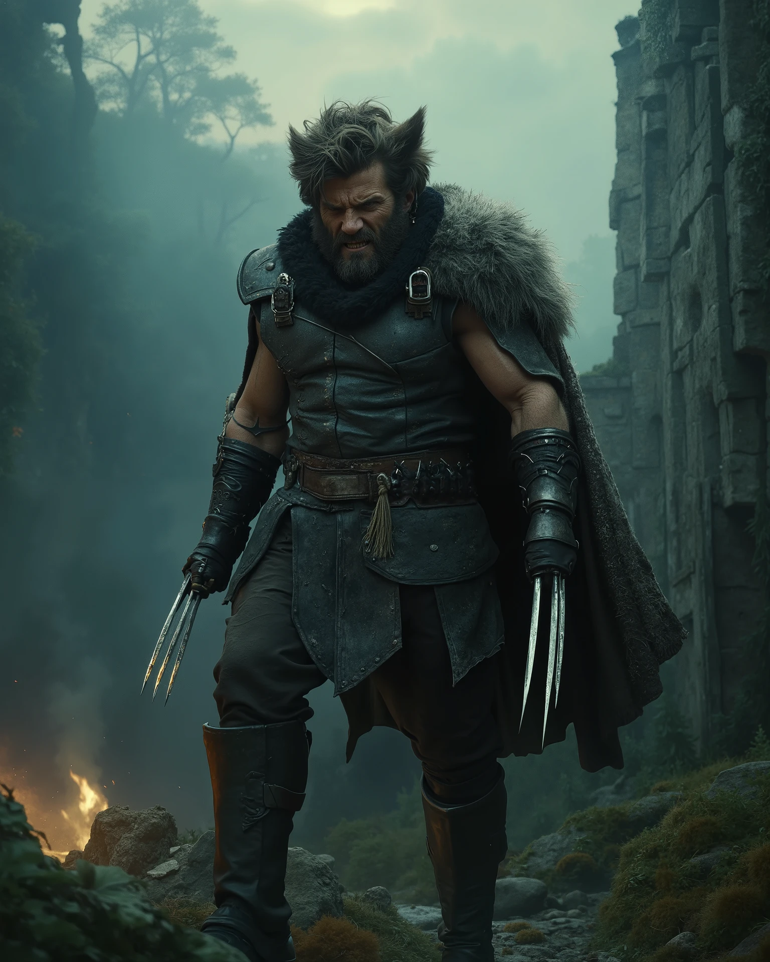 Create a gritty, cinematic portrayal of Wolverine as a Dúnedain ranger, wandering the ruins of Arnor. He wears weathered, dark leather armor with a fur-lined cloak, and his claws are forged from ancient Númenórean steel, glowing faintly with runes. His hair is wild and unkempt, with a beard that shows years of hardship. Show him standing in the overgrown ruins of Annúminas, his claws extended, as he snarls at an unseen threat. The background should feature crumbling stone structures, misty forests, and the faint glow of moonlight breaking through the clouds.
