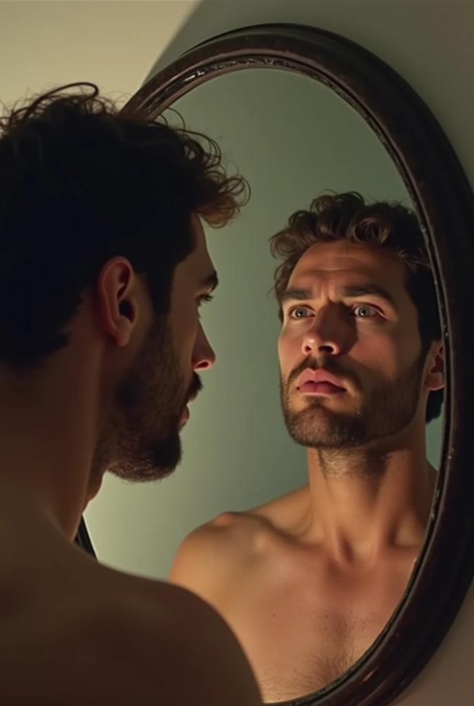 "The medium height, medium build white man with short, curly black hair, white skin, brown eyes, and a goatee is standing in front of a mirror without his shirt. The yellow dress shirt is draped over the sink. He is gazing at his reflection, preparing himself, while a Cistercian habit hangs on a hanger nearby. The scene is intimate and contemplative, reflecting his readiness for a significant transition."