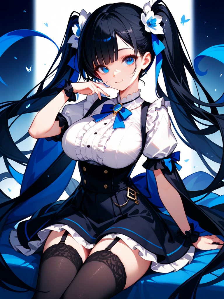 Smile,aatomari, long hair, ahoge, twintails, hair bow, multicolored hair, rabbit ears, maid headdress, x hair ornament, thick eyebrows, choker, criss-cross halter, yellow necktie, bare shoulders, black gloves, frills, layered skirt, black skirt, single thighhigh,Beautiful and perfect legs, Clean and perfect hands,