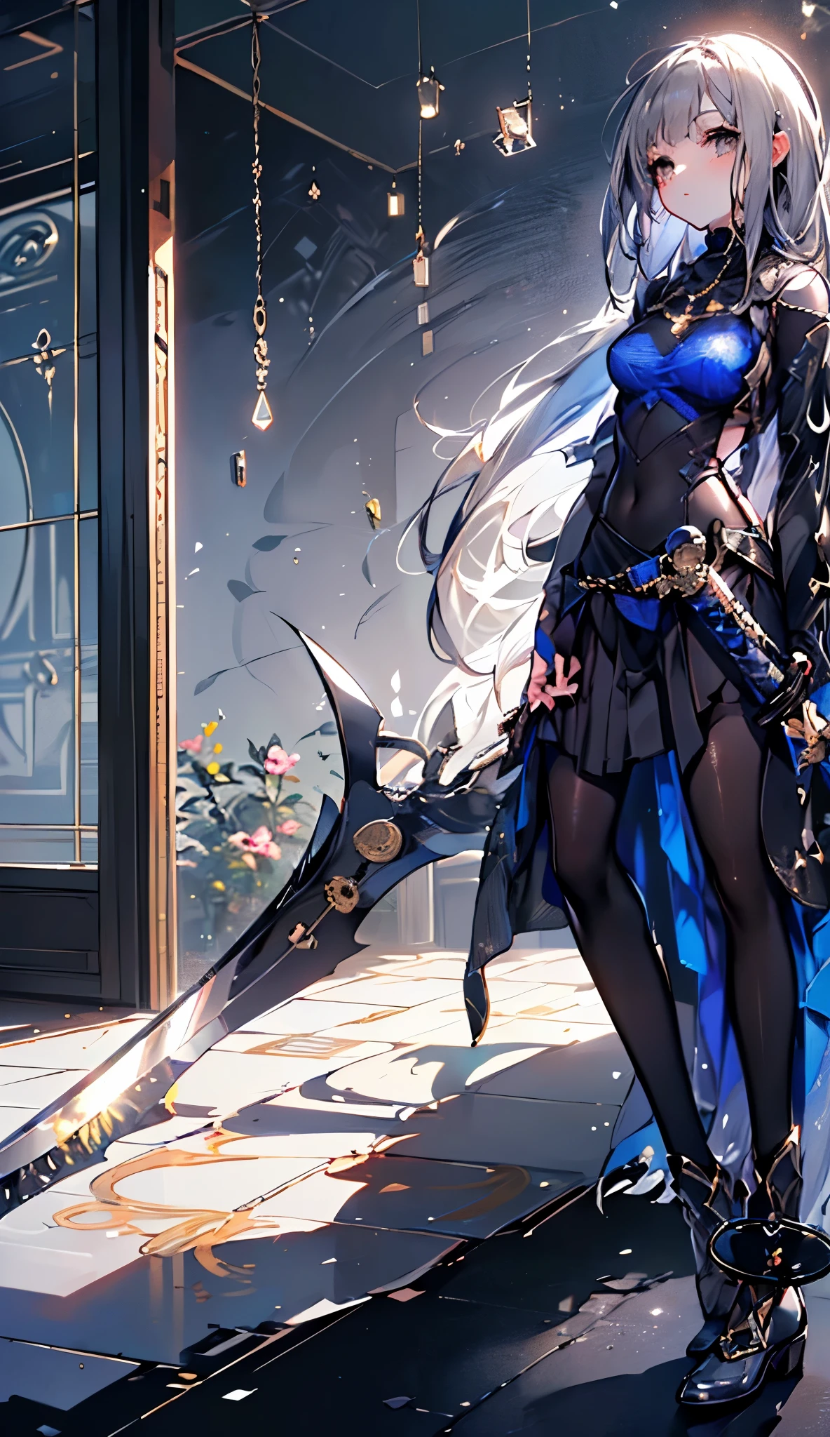 (Masterpiece), (Best Quality), (1 Girl)), Amazing, Beautiful Detail Eyes, Fine Details, Depth of Field, Original, ((Best Quality)), ((Super Detailed)), (Best Illustration), (Best Lighting, Best Shadow), (Very Delicate and Beautiful)), Very Detailed Wallpaper, Dream Background, From View, Landscape, adult Girl, Lori, Full Body, Long White Hair, (((Gray Eyes)), Beautiful Detail Eyes, Medium Breasts, (((Cobalt Long Skirt)), Fluffy Long Sleeves, Hair Accessories, necklace, winter, light, light makeup, interior, blush, looking out the window, wind blowing, floating, sitting at table, glass window, mirror, ((((segurando uma katana para baixo)))))