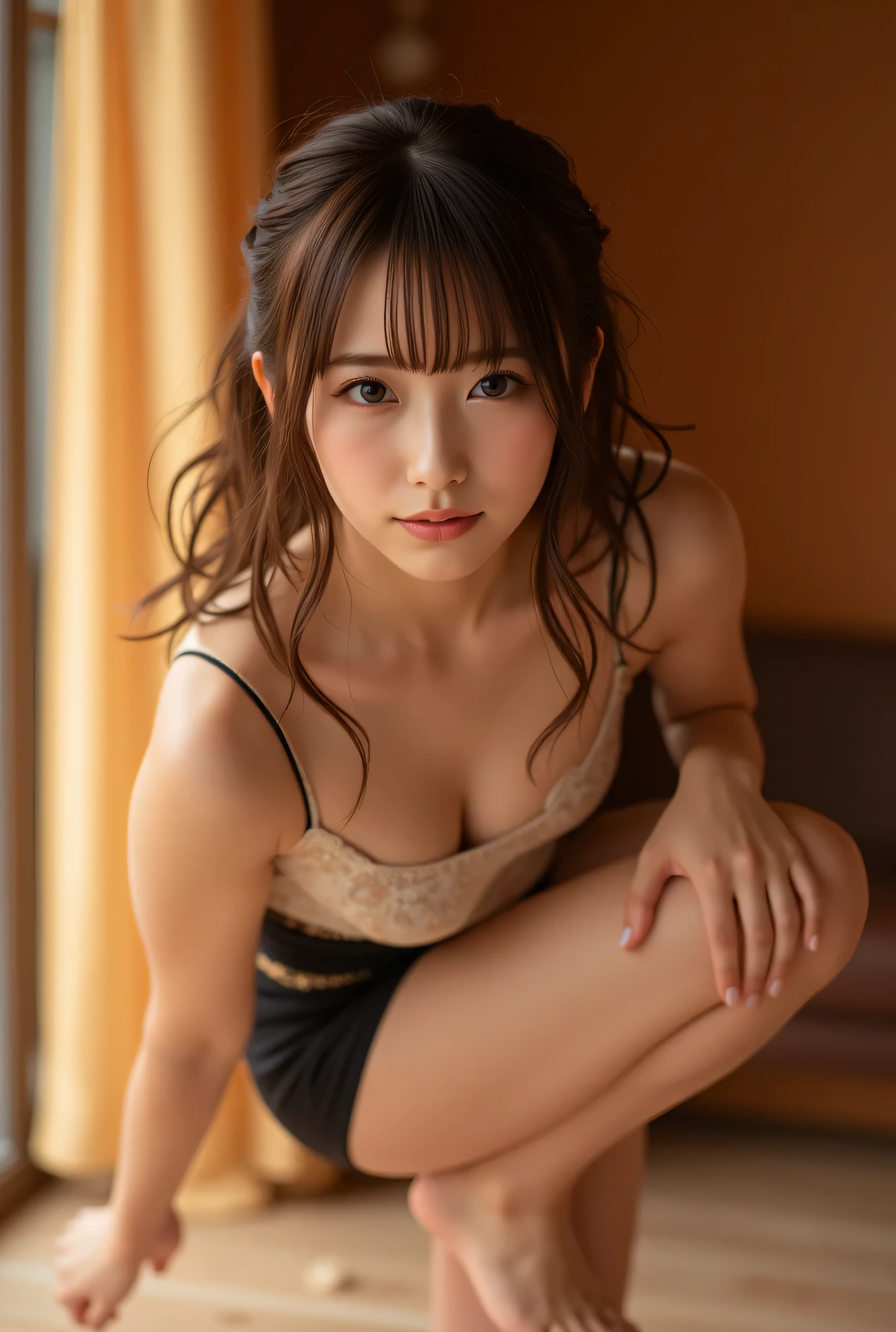 A woman with wavy dark brown hair, wearing an leotard She gazes softly toward the camera, slightly tilting her head, with her right hand gently held for balance as she performs gymnastics. The lighting is warm, creating a cozy atmosphere.