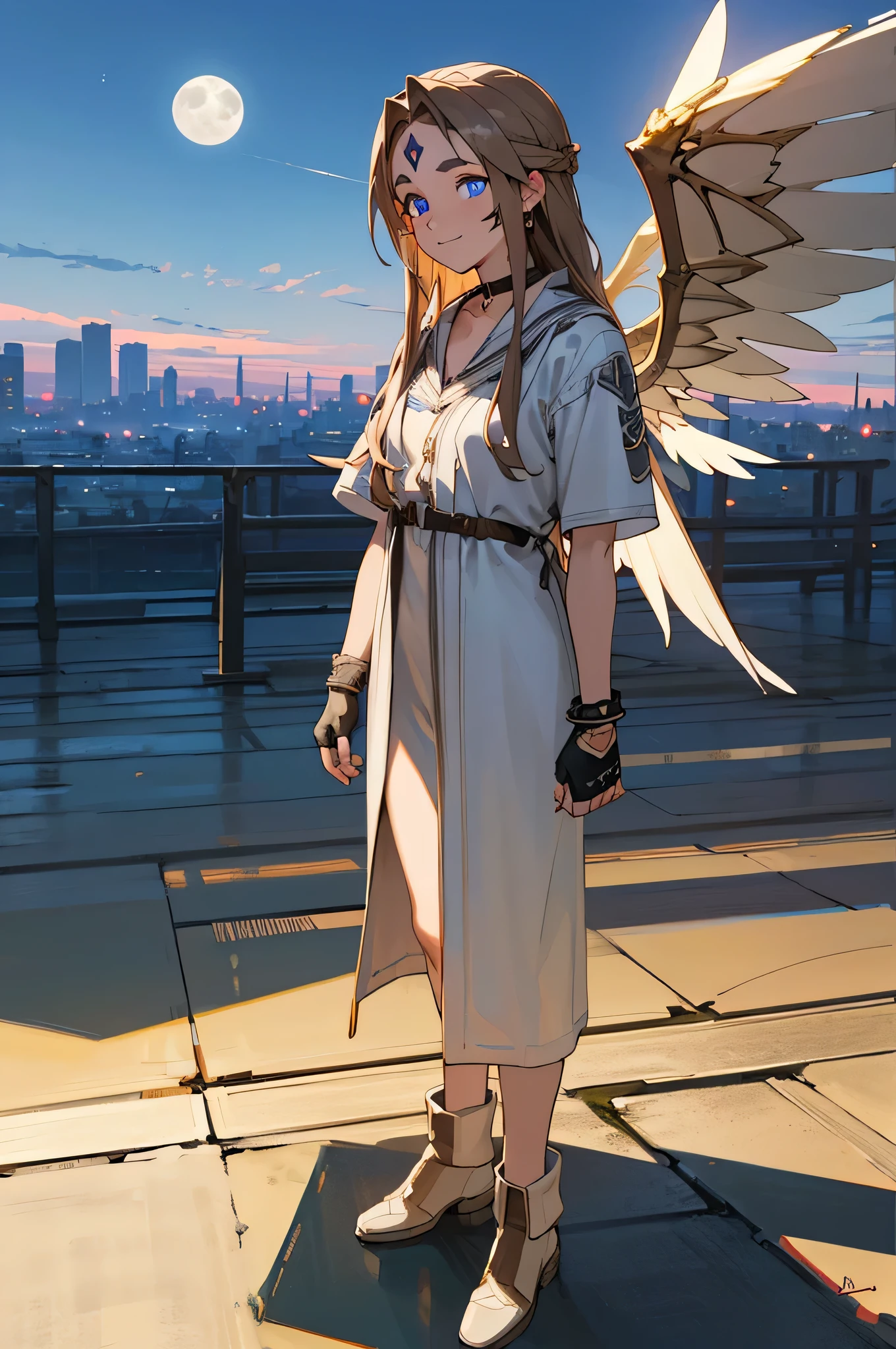 ((( full body portrait in front of 、 are standing)))、 Beldaddy, Beldaddy, long hair, blue eyes, brown hair, Facial markings, Mark on the forehead, mature woman, smile,
break gloves, Wings, choker, Fingerless gloves, Bracelets, ring,
break outdoor, city, null, moon, cloud,
break looking at viewer, (cowboy shot:1.5),
break ( Masterpiece:1.2), highest quality, high resolution, Unity 8k Wallpaper, ( illustration:0.8), ( beautiful detailed eyes:1.6), Extremely Detailed Faces, Full Specifications, Highly detailed CG , ( Perfect Hands, perfect anatomy),