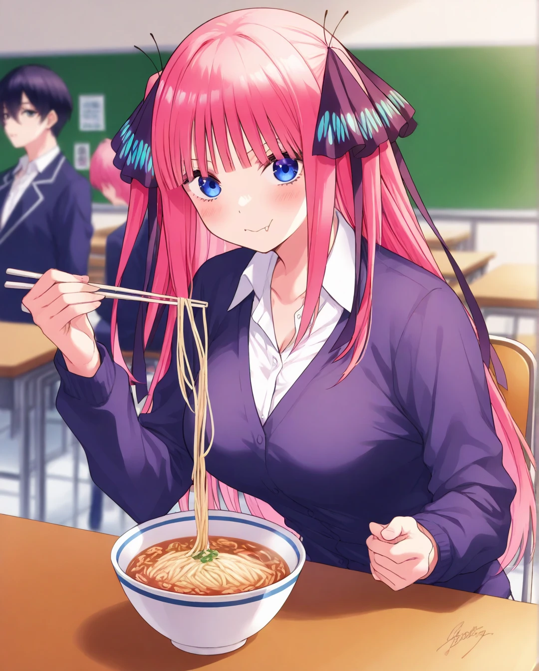 highest quality、 Masterpiece、 1 girl、 The Quintessential Quintuplets、 Nino Nakano、 long hair、 pink hair、School cafeteria、Eating udon