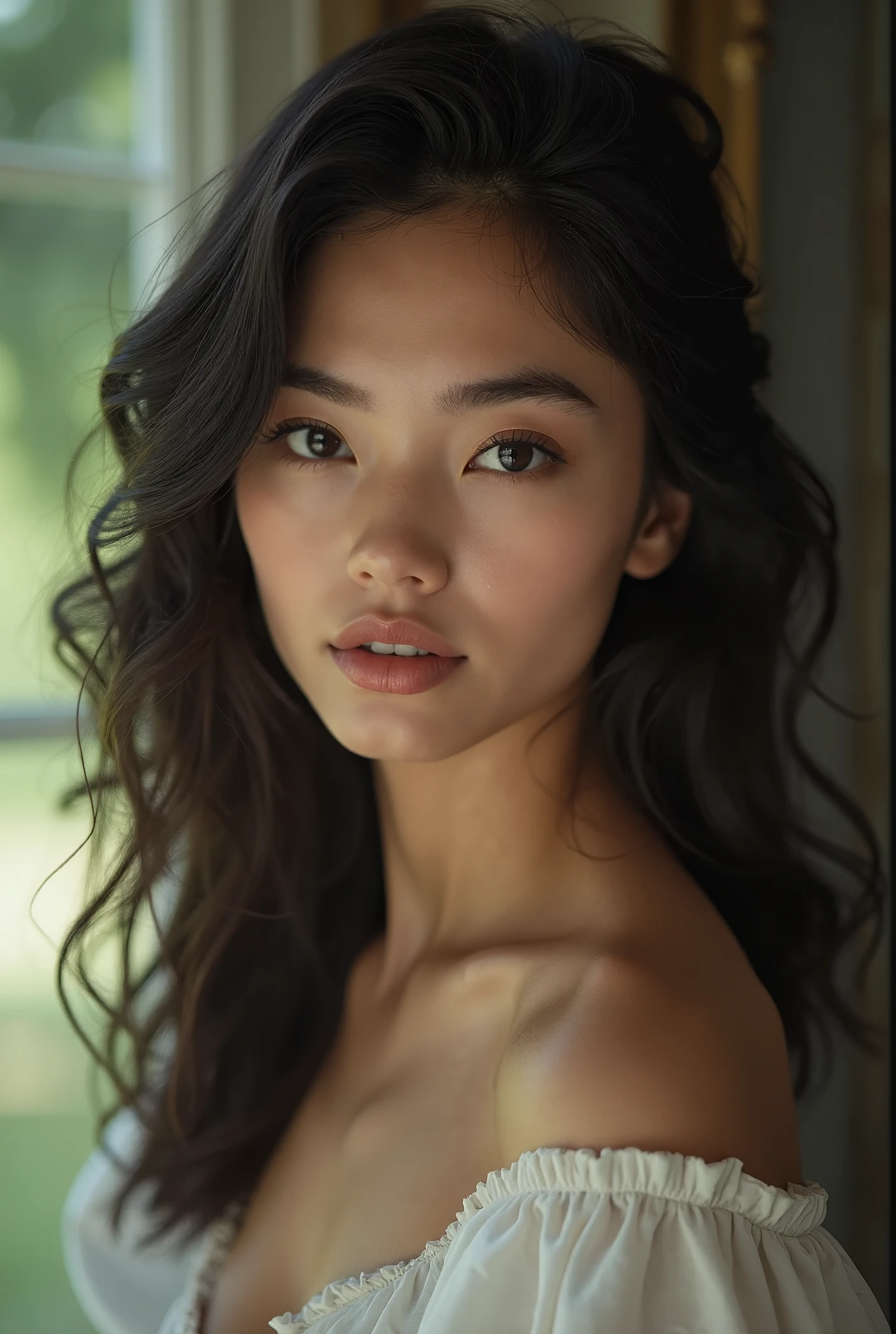 You are a professional photographer.。This is a photo of the work scene..。BREAK,masterpiece、8k、of the highest quality, luz outfit, ultra high resolution, (realist:1.4), RAW Photos,2 、、(student, Light in your eyes), Natural black eyes、Beautiful face in every detail.,(High resolution detail of human skin texture.)、(half naked、beautiful nipples)、(neckline、medium breasts)、(transparency)、、maestro、(Wear a sheer white blouse)、wet skin、wet clothes、standing under the eaves、(portrait)