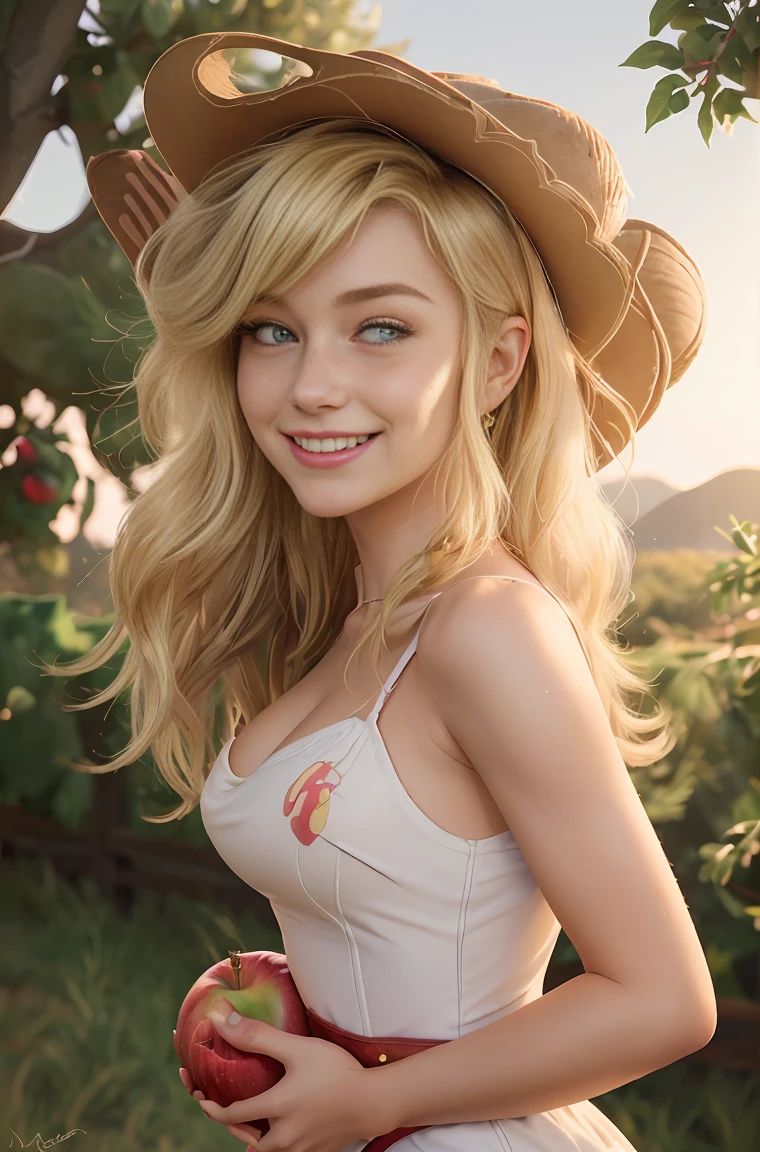 UNICODE(masterpiece, best quality:1.2),mlpapplejack, smile, looking at viewer, low-tied long hair, cowboy hat,cowboy shot,female,solo,1girl,nude,highres,masterpiece,perfect ligthing,bloom,cinematic lighting,adult,perfect skin,detailed eyes,green eyes,pursed lips,glossy skin,oily skin,beautiful light,(day:1.3),bright,sexy smile,farm, kneeling, naked, 18 years old, back to camera, glancing over shoulder, seductive gaze,