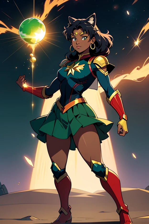(Dominican: Caribbean:1girl: Tiana,Superhero), (extremely detailed CG unit 8k wallpaper),(master part), (best quality), (ultra detali), (best illustration),(melhor ombre), cowboy shot, (Sharp eyeliner, ombre, detailedeyes:1), Disney Castle background, ,break , (star15escola:1.2), hair ornament,short hair ,black hair, Cameltoe